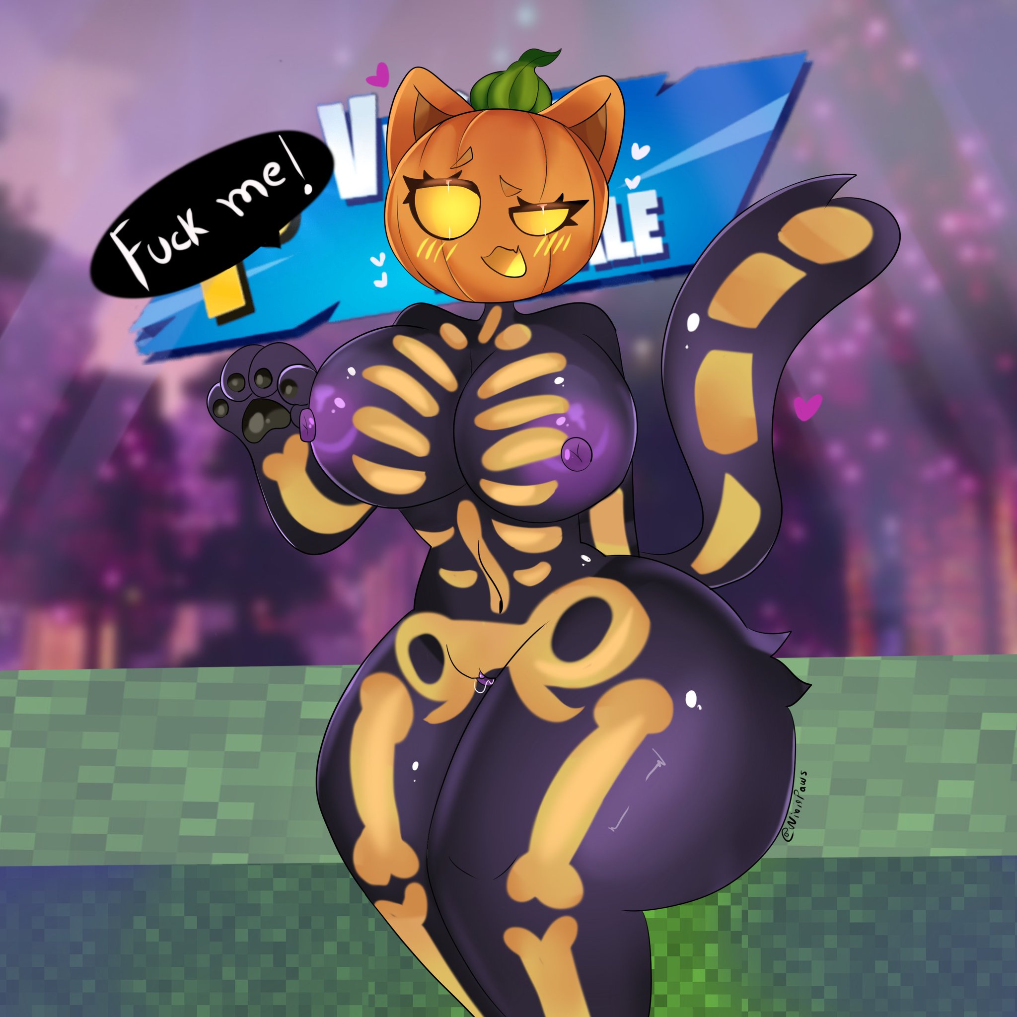 2025, breasts, cat ears, cat tail, catgirl, english text, epic games, female, female only, fortnite, furry, furry female, furry only, halloween, nipples, nixiepaws, paws, pumpkin, pumpkin head, sketch, spice (fortnite), tagme, text, text bubble