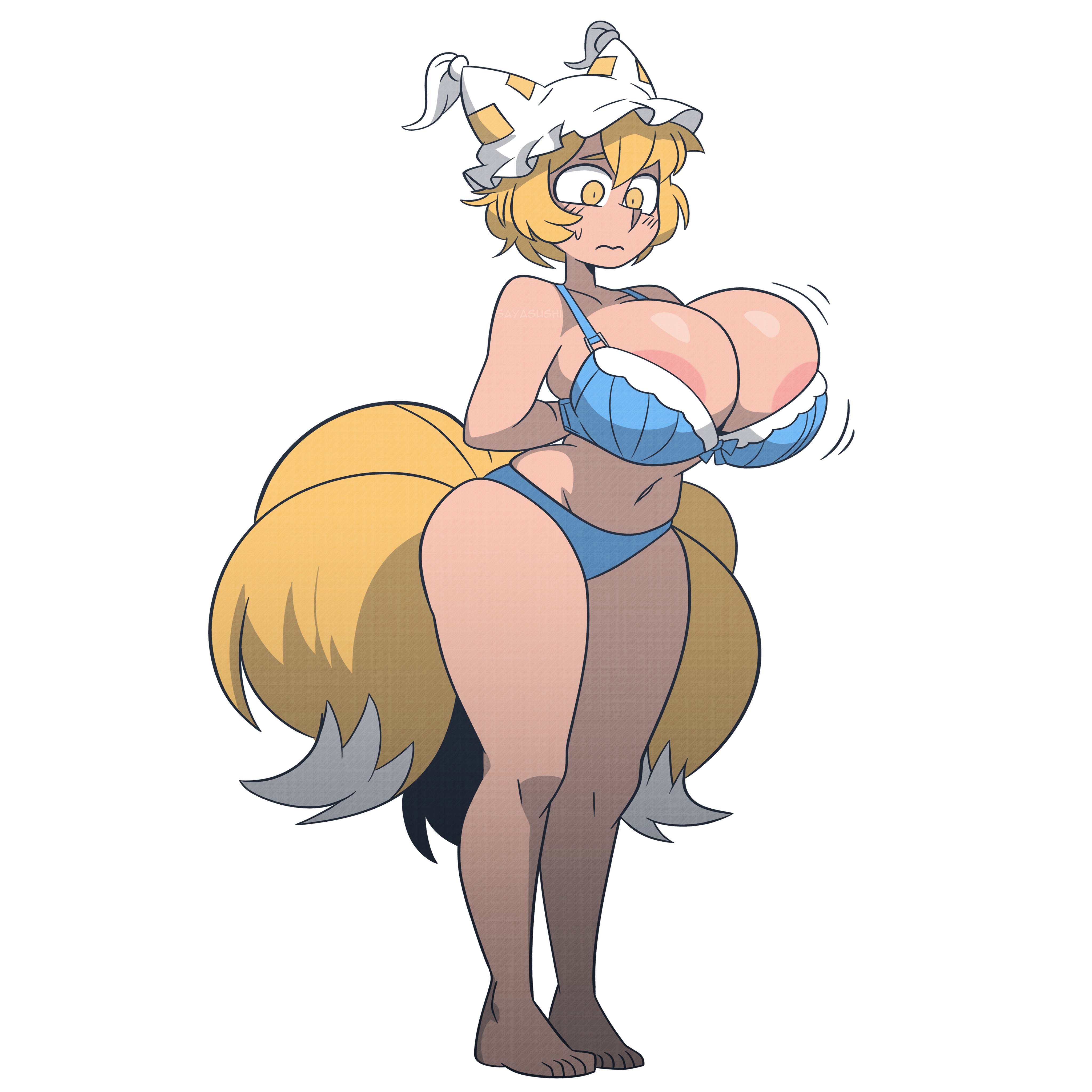 1girls, blonde hair, kemonomimi, kitsune, ran yakumo, sayasushiswag, touhou, underwear, yellow eyes