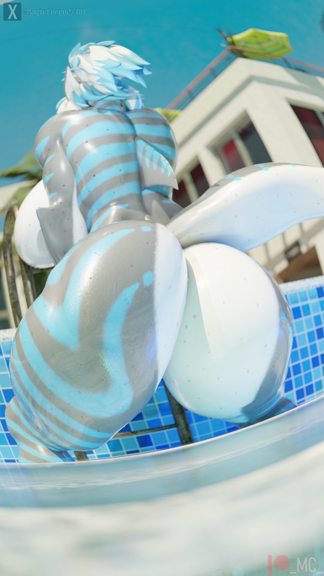 1girls, 3d, anthro, ass, ass focus, big ass, big breasts, blue sky, blue stripes, breasts, completely nude, day, digital media (artwork), faceless anthro, faceless character, faceless female, female, female only, fin, fish, fisheye lens, glistening, glistening body, grey body, hi res, huge breasts, low-angle view, magiccorpo, magiccorpo27481, marine, medium hair, nika sharkeh, non-mammal breasts, nude, nude female, outside, pointy ears, pool, rear view, shark, sky, solo, striped body, stripes, tail, text, thick thighs, url, water, watermark, wet, wet body, white hair, wide hips