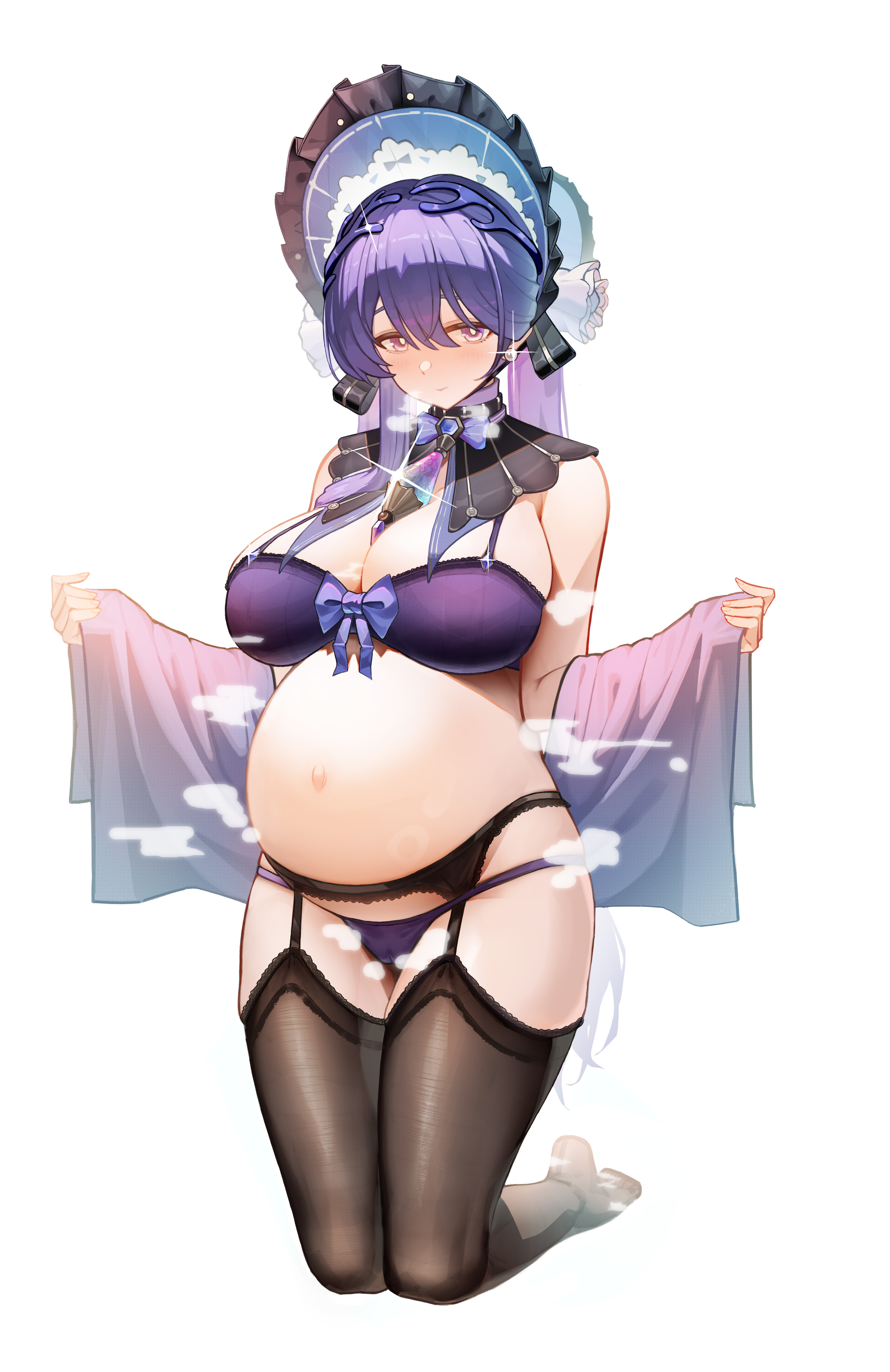 big breasts, bonnet, bra, breath, cleavage, female, female only, full body, garter belt, garter straps, kneeling, lingerie, lolita fashion, looking at viewer, npc, npc (wuthering waves), nylons, panties, pregnant, purple bra, purple hair, purple panties, rosemary (wuthering waves), sesefadou0v0, smile, solo, steam, stockings, thighhighs, twintails, wuthering waves