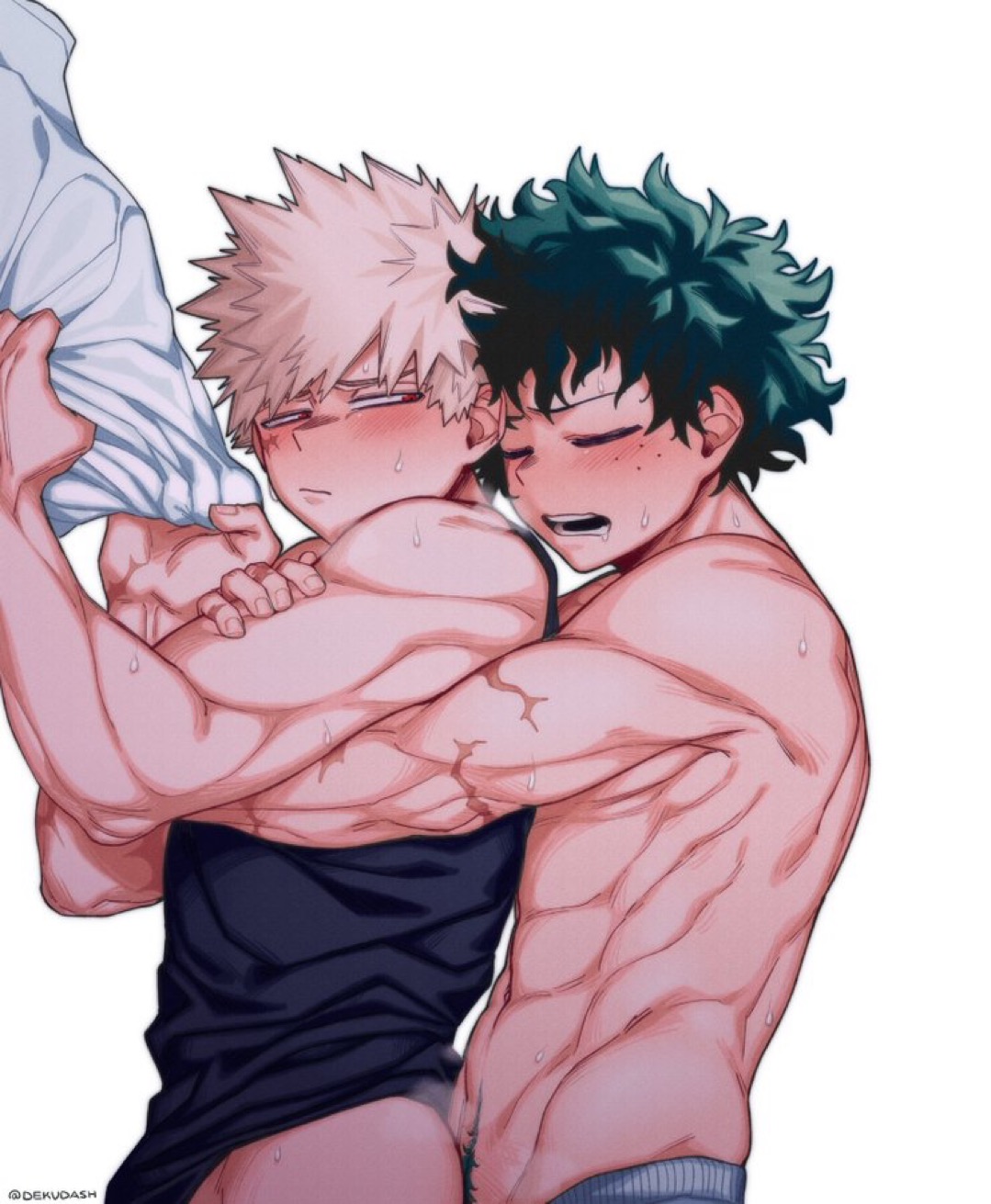 2025, 2boys, anal, anal sex, bakugou katsuki, boku no hero academia, breath, breath cloud, closed eyes, deku, dekudash, freckles, gay, gay sex, grabbing, green hair, gripping pillow, gripping sheets, happy trail, hugging, hugging from behind, hugging partner, izuku midoriya, katsuki bakugou, looking at another, looking pleasured, male, male only, male penetrating, male penetrating male, male/male, midoriya izuku, muscular, muscular arms, muscular male, my hero academia, needy, open mouth, out of frame, pillow, pillow grab, pleasure face, pout, red eyes, sex, sex from behind, shirtless, shirtless male, sweat, sweatdrop, sweating, sweaty body, tank top, yaoi