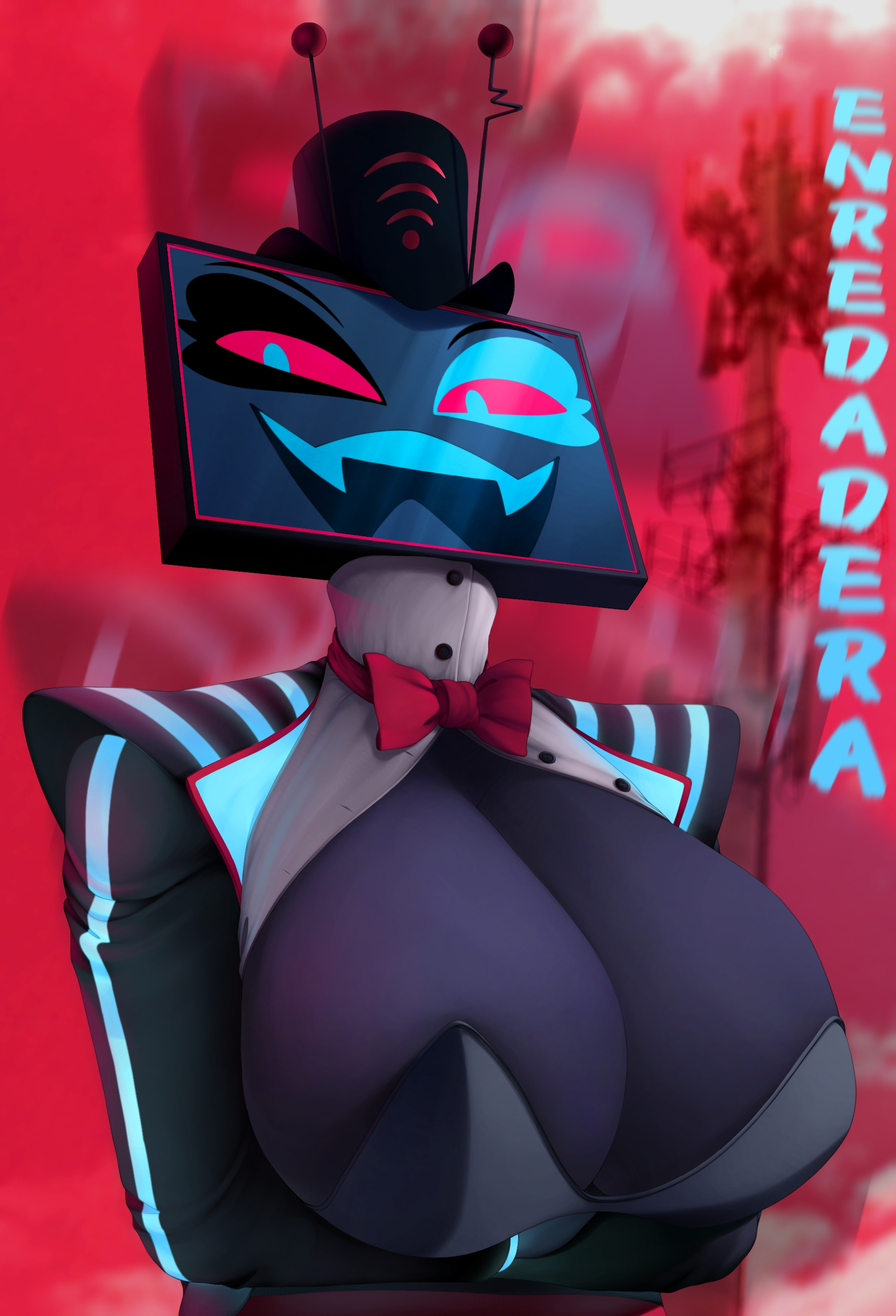 big breasts, breasts, enredadera, hazbin hotel, huge breasts, rule 63, smile, smiling, tagme, tv, tv head, vivienne medrano, vivziepop, vox (hazbin hotel)