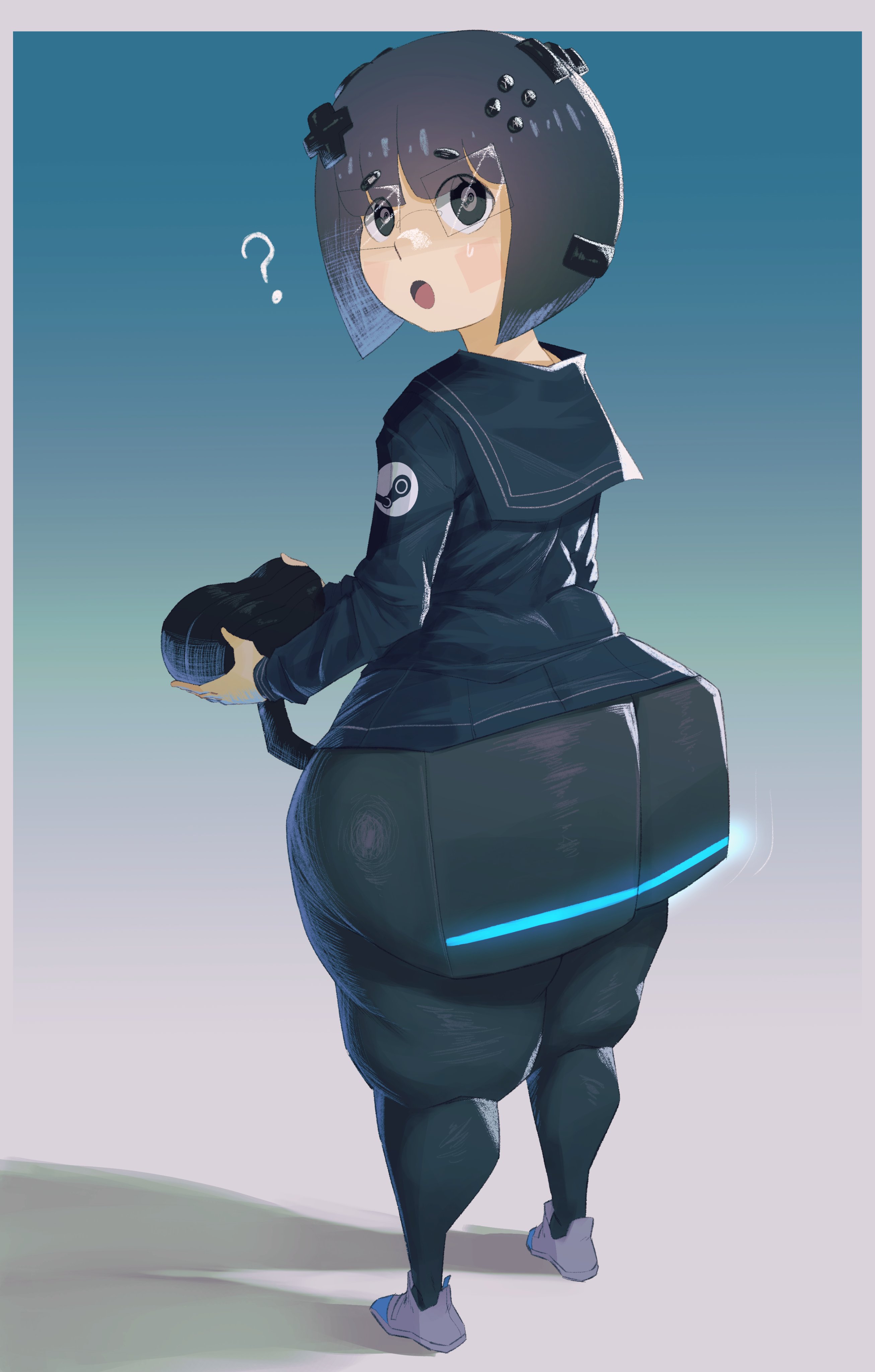 1girls, ass, huge ass, kyokeer, looking at viewer, shortstack, solo, square ass, steam machine (valve), steamchan (kyokeer), thick thighs