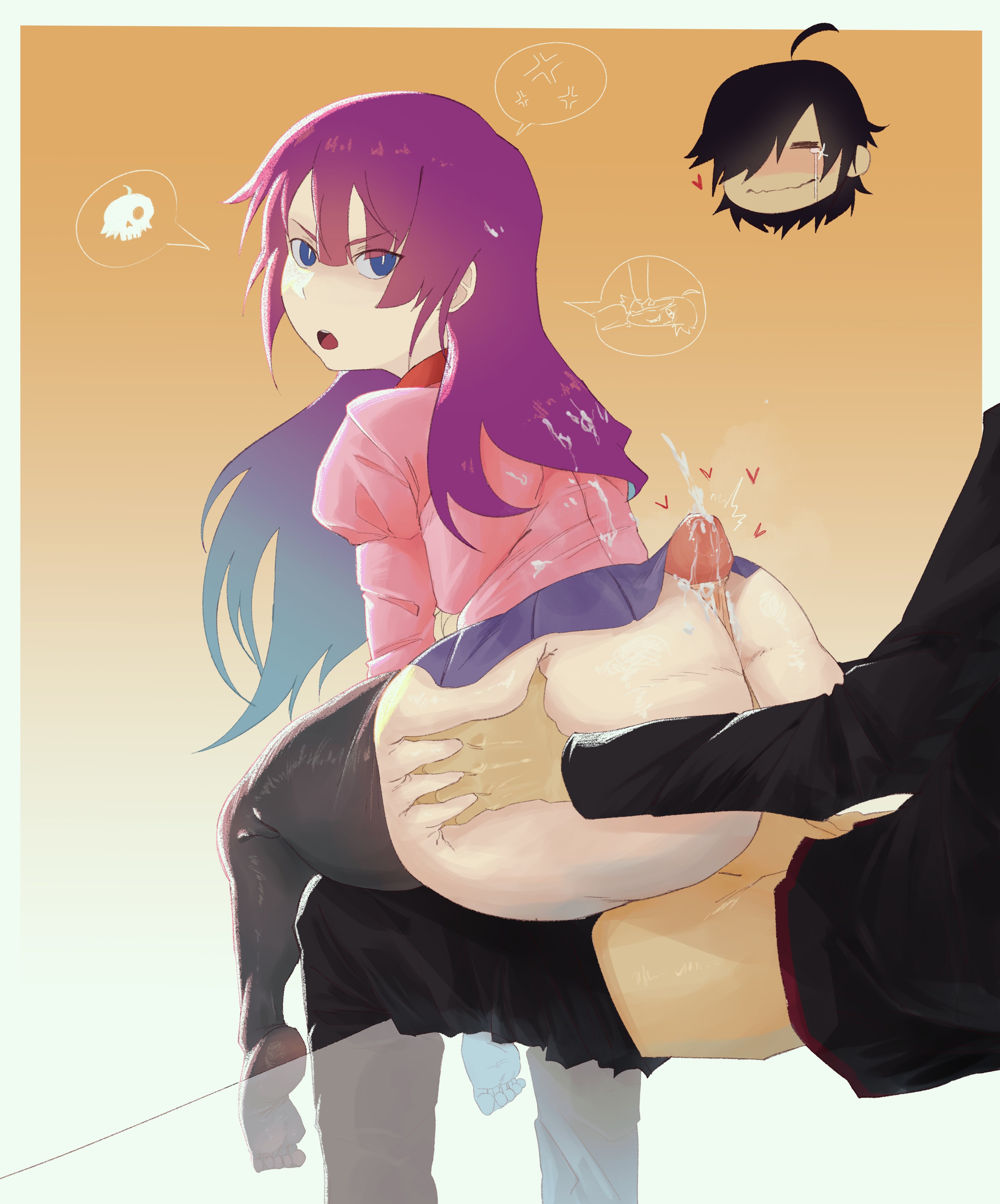 1boy, 1girls, ahoge, angry, araragi koyomi, ass bigger than head, ass grab, ass job, buttjob, covered buttjob, cum, cum on clothes, cum on hair, cumshot, gakuran, heart, huge ass, kyokeer, monogatari (series), purple hair, school uniform, senjougahara hitagi, shortstack, stockings, tagme, thighhighs