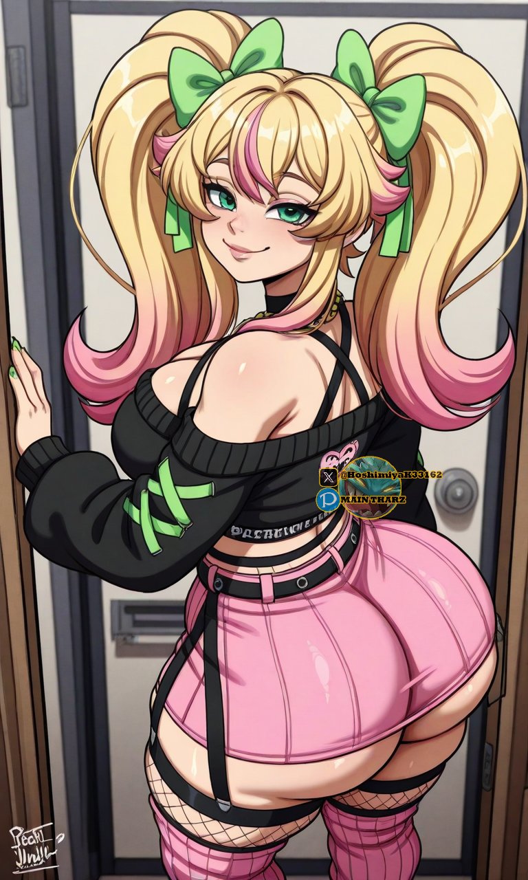 1girls, ai art, ai generated, artist request, ass bigger than head, ass hanging out of skirt, banana bus squad, big ass, big breasts, blonde hair, breasts, cheek bulge, choker, curvaceous, curvaceous female, curvaceous figure, curvy, curvy body, curvy female, curvy figure, curvy hips, fat ass, female, fishnet, fishnet clothing, fishnet legwear, fishnet stockings, fishnet thighhighs, fishnets, freckles, freckles on face, green eyes, indie virtual youtuber, long hair, pastaroniravioli, pink hair, ponytail, rainbow background, removing clothing, sole female, standing, tagme, thick hips, thick legs, thick thighs, thighhighs, thighs, thighs bigger than head, thin female, thin waist, twitch streamer, two-tone hair, vanoss crew, virtual youtuber, voluptuous, voluptuous body, voluptuous female, vtuber, wide hips, wide thighs, youtube, youtube avatar, youtuber, youtuber girl