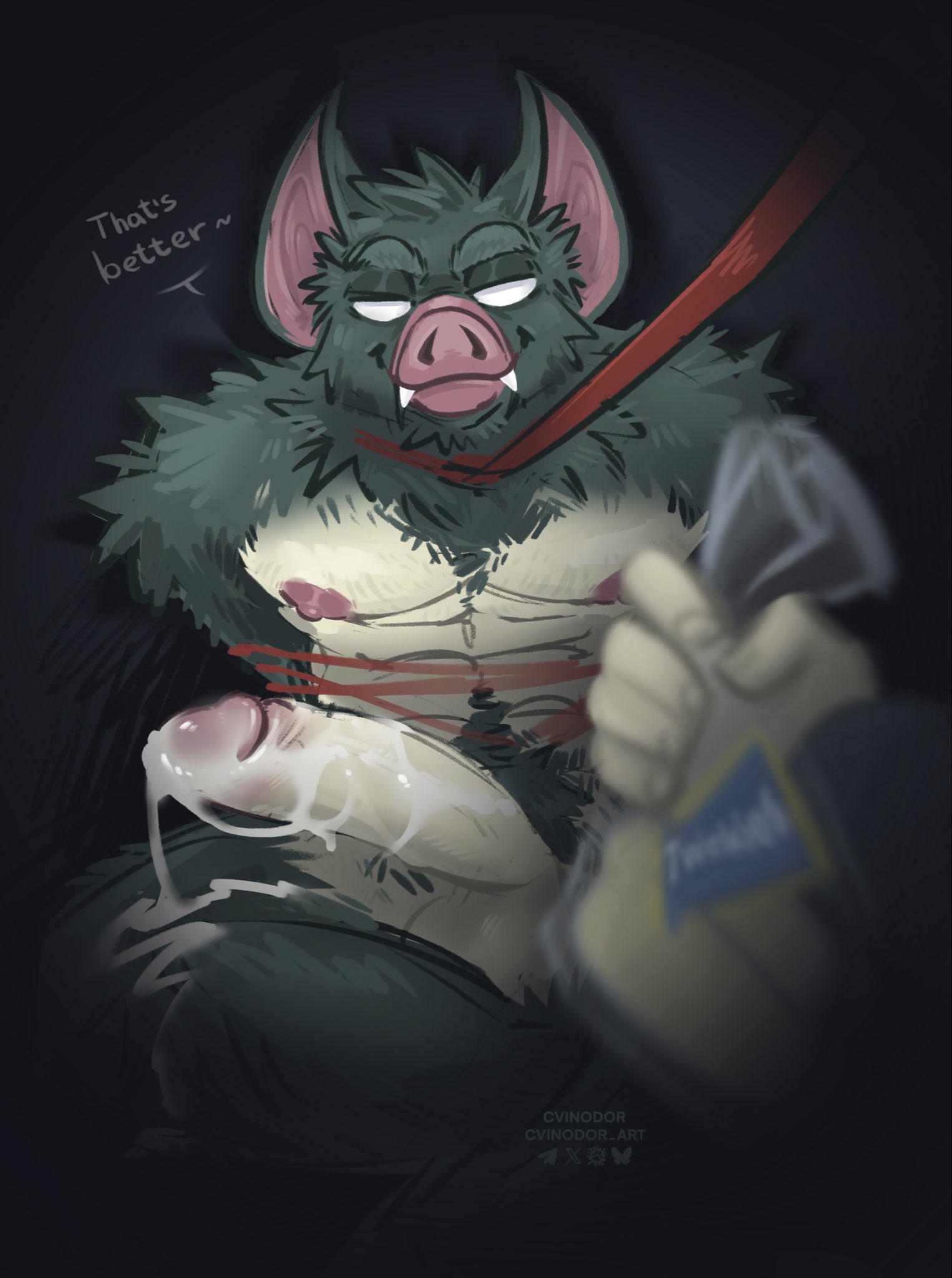 1boy, anthro, big penis, boner, collar, completely nude, cum, cvinodor, dialogue, dispatch (game), erection, excessive cum, food, fur, genital fluids, genitals, hi res, leash, looking at viewer, male, male only, mammal, muscular, non-human, non-human only, nude, penis, pubic hair, simple background, sketch, solo focus, sonar (dispatch), text, tied up, uncircumcised