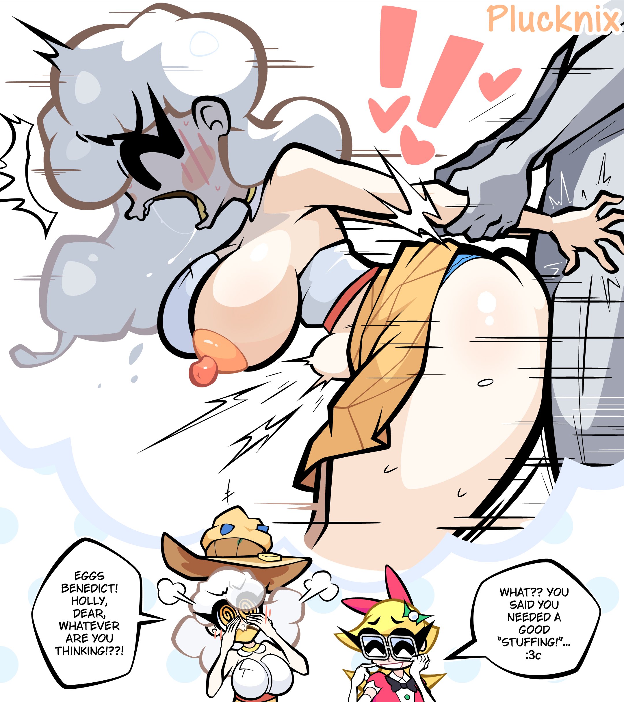 !!, 2025, 2girls, arm grab, blonde hair, blue panties, blush, breasts, closed eyes, elbow gloves, english text, faceless male, glasses, gloves, hair ornament, hat, heart, holly (plucknix), imagining, large insertion, long hair, motion lines, nipples, one breast out, open mouth, original, panties, panty peek, peggy (plucknix), plucknix, prison guard position, rough sex, saliva, sex, skirt, skirt up, spiral eyes, stomach bulge, sweat, tagme, text, thick thighs, thighs, watermark, white hair, yellow eyes