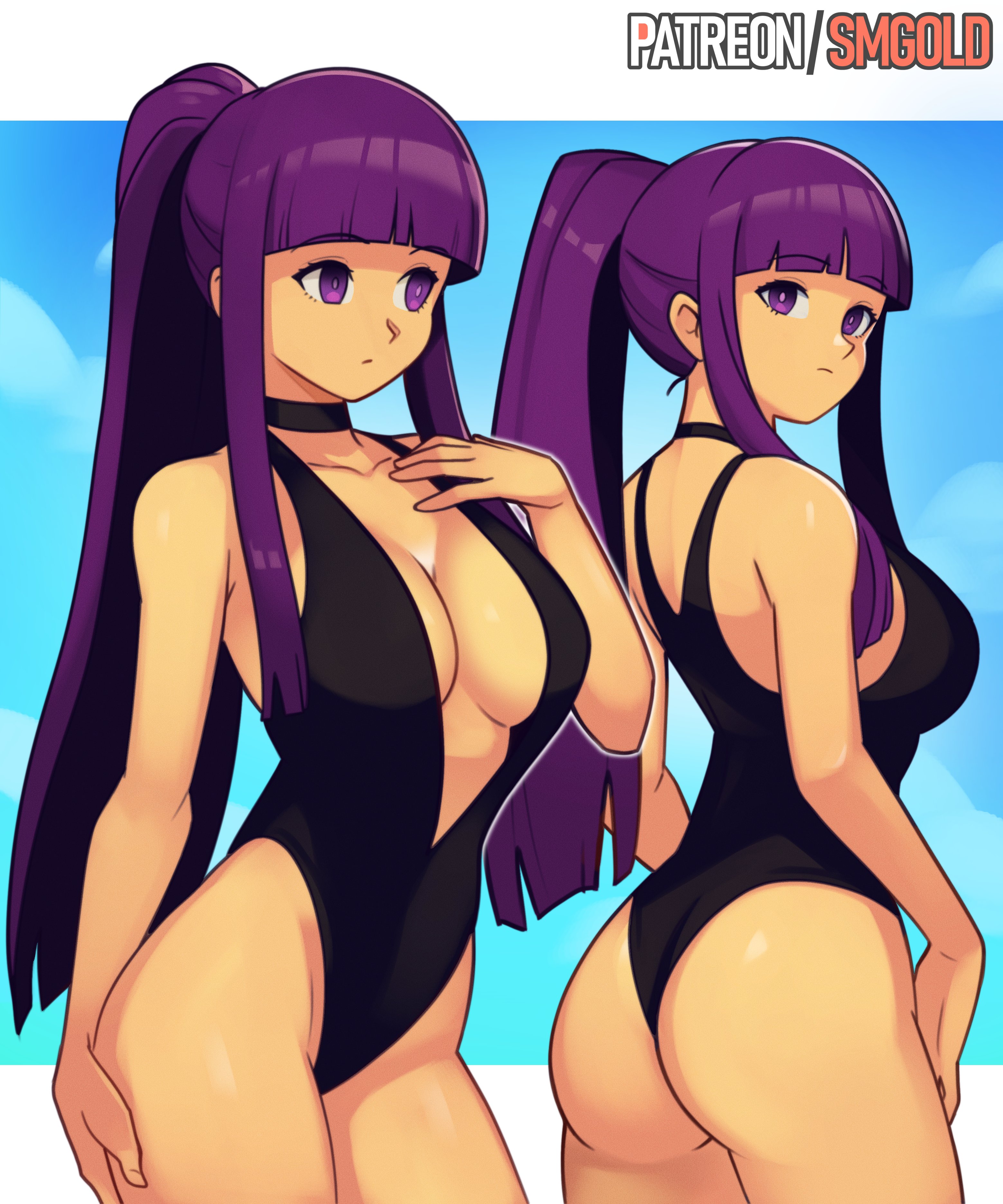 absurdres, ass, black choker, black one-piece swimsuit, blunt bangs, breasts, choker, cleavage, collarbone, competition swimsuit, female, female only, fern (sousou no frieren), high ponytail, highres, large breasts, long hair, looking at viewer, multiple views, one-piece swimsuit, plunging neckline, ponytail, purple eyes, purple hair, smgold, sousou no frieren, swimsuit, very long hair