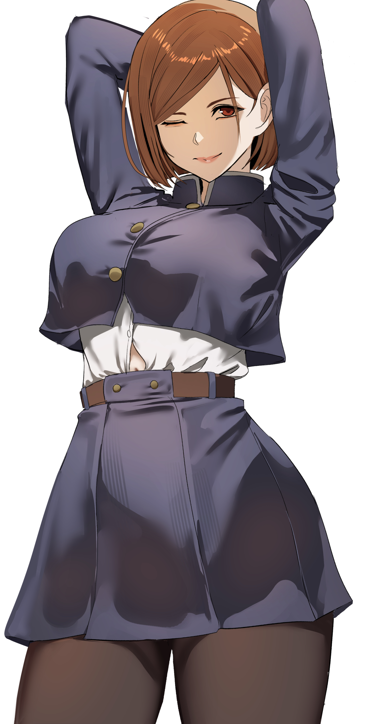1girls, absurdres, arms behind head, arms up, belt, blue jacket, blue skirt, blush, breasts, brown belt, brown eyes, brown hair, brown pantyhose, brown-haired female, ekuskarma, female, female only, high collar, highres, jacket, jujutsu kaisen, jujutsu tech uniform, kugisaki nobara, large breasts, long sleeves, looking at viewer, navel, one eye closed, pantyhose, school uniform, shirt, short hair, simple background, skirt, smile, solo, white background, white shirt