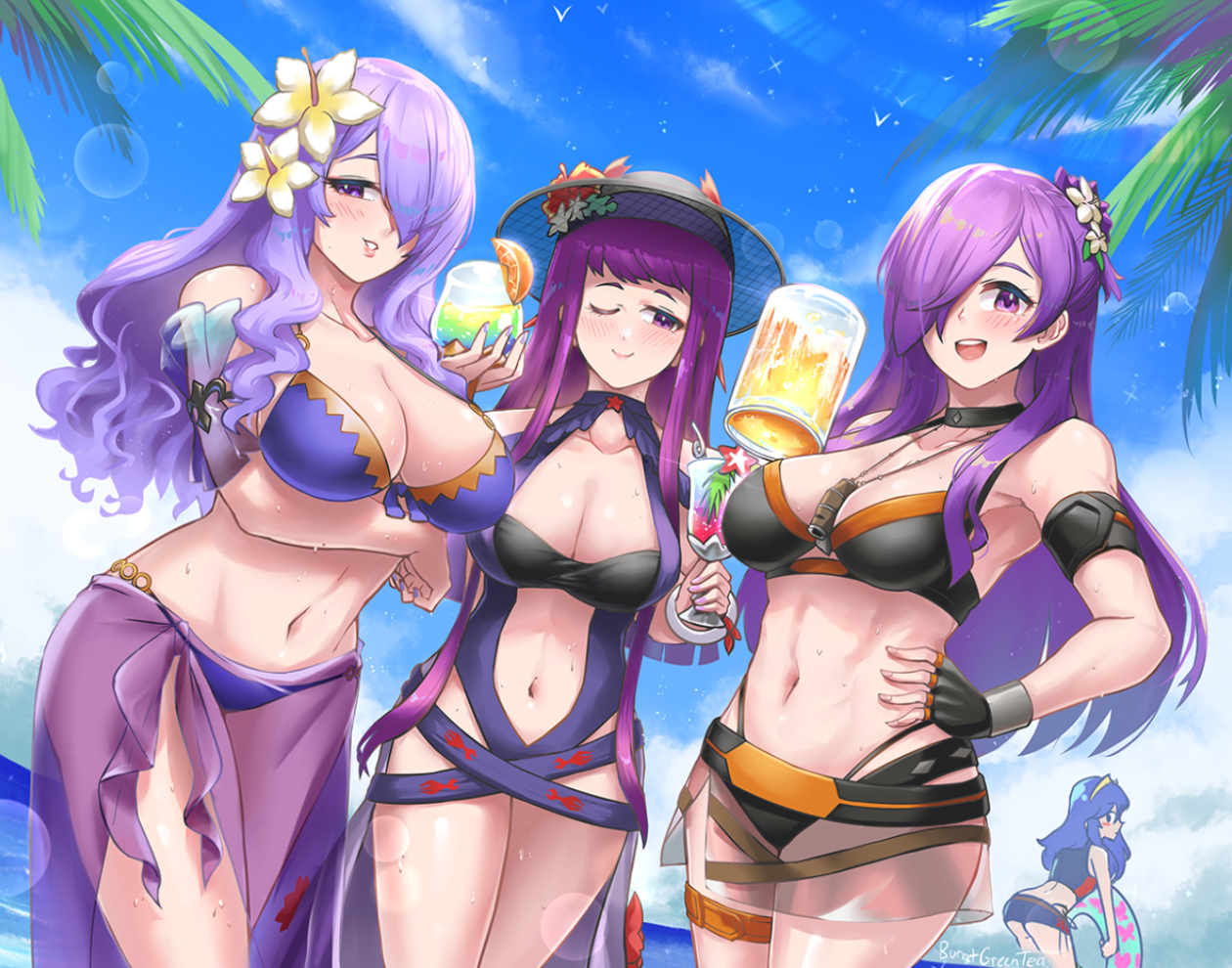 4girls, alternate costume, armlet, ass, beach, beer mug, between breasts, bikini, black bikini, blue bikini, blue hair, blue one-piece swimsuit, blue sky, breasts, burnt green tea, camilla (fire emblem), camilla (tropical beauty) (fire emblem), cleavage, cloud, color connection, commentary, cup, drinking glass, english commentary, female, female focus, female only, female shez (fire emblem), female shez (summer) (fire emblem), fire emblem, fire emblem awakening, fire emblem cipher, fire emblem engage, fire emblem fates, fire emblem heroes, fire emblem warriors: three hopes, fire emblem: three houses, flower, hair color connection, hair flower, hair ornament, hair over one eye, hand on own hip, hat, holding, holding cup, in-franchise crossover, innertube, ivy (fire emblem), ivy (summer) (fire emblem), jewelry, large breasts, long hair, looking at viewer, lucina (cipher swimsuit) (fire emblem), lucina (fire emblem), matching hair/eyes, mug, multi-strapped bikini bottom, multiple girls, nail polish, navel, nintendo, official alternate costume, one-piece swimsuit, palm tree, purple bikini, purple eyes, purple hair, purple theme, sarong, see-through clothes, see-through sarong, shez (fire emblem), shez (fire emblem) (female), sky, smile, swim ring, swimsuit, toned, trait connection, tree, tropical drink, wet, whistle, whistle around neck