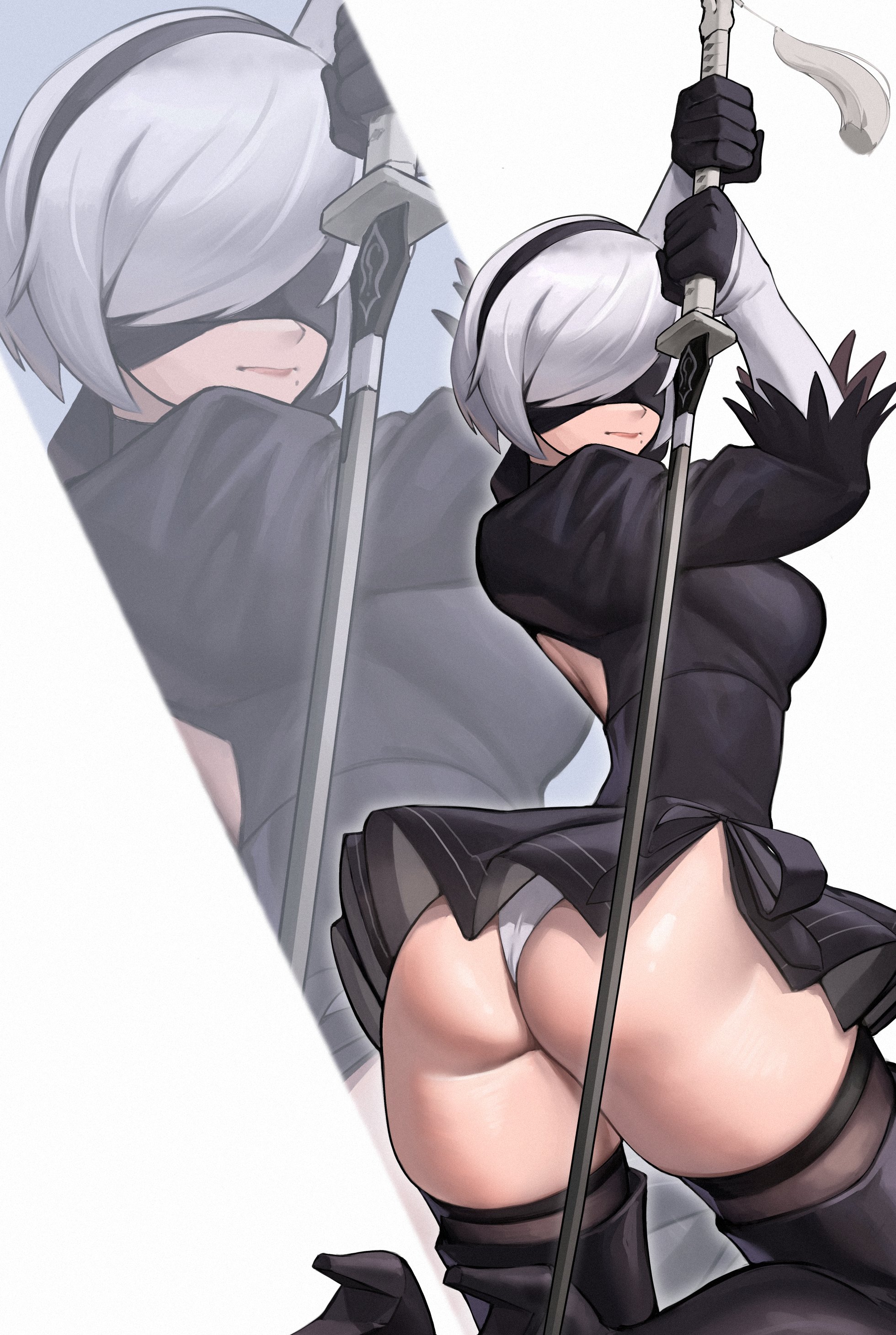 absurdres, ass, back cutout, black boots, black dress, black gloves, black hairband, black thighhighs, blindfold, boots, breasts, closed mouth, clothing cutout, commentary, covered eyes, dress, english commentary, feather-trimmed sleeves, female, female only, gloves, grey hair, hairband, high heel boots, high heels, highres, holding, holding sword, holding weapon, juliet sleeves, katana, long sleeves, medium breasts, mole, mole under mouth, nier (series), nier: automata, puffy sleeves, short hair, solo, sword, tassel, thighhighs, thighhighs under boots, virtuous contract, weapon, yorha 2b, zoom layer, zukululuu