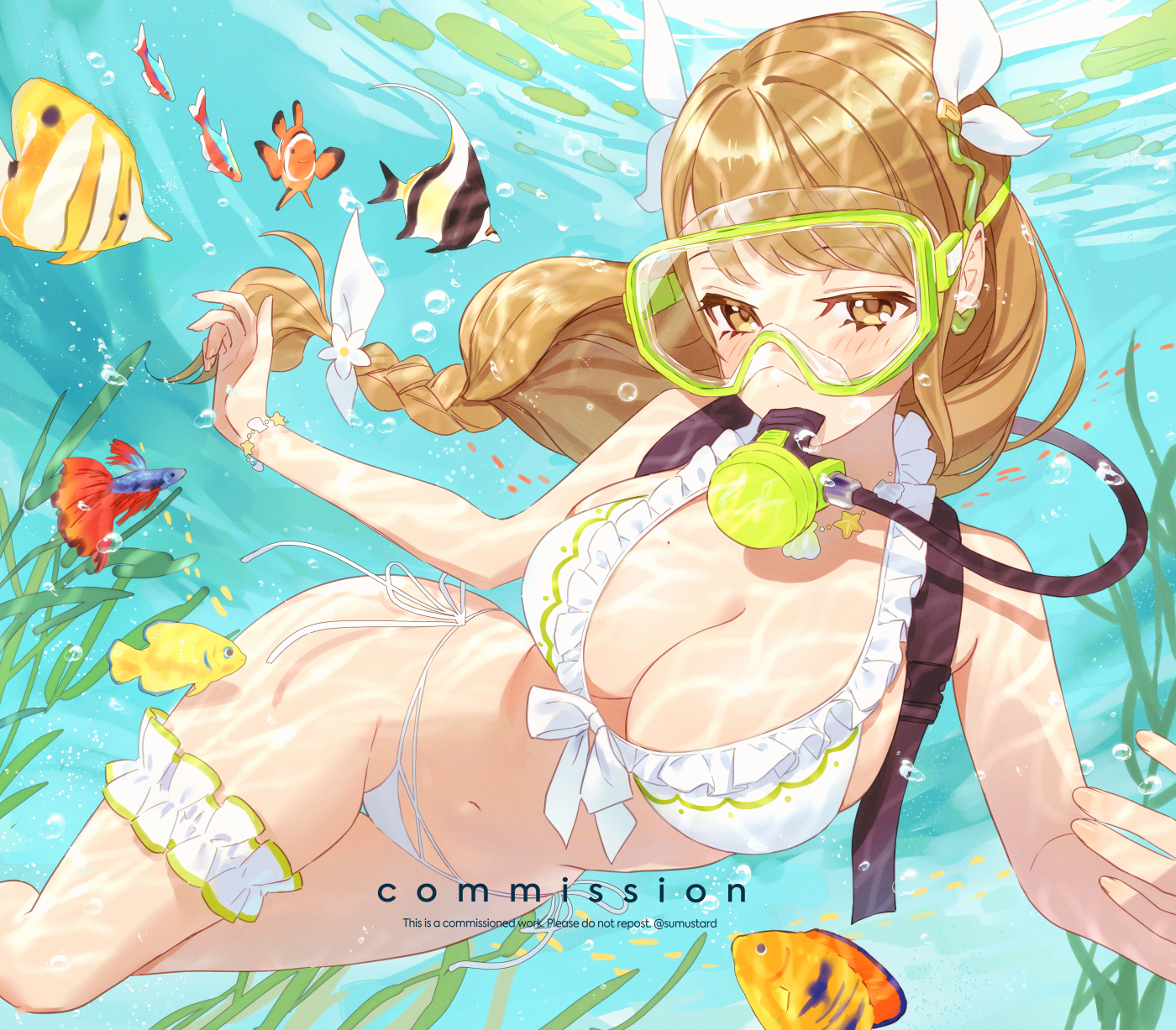 1girl, air bubble, bare arms, big breasts, bikini, blonde hair, blush, bow, braid, breasts, bubble, commentary, commission, coral, diving, diving mask, english commentary, female, female only, fire emblem, fire emblem engage, fire emblem heroes, fish, flippers, frilled bikini, frilled thigh strap, frills, front-tie bikini top, front-tie top, goggles, goldmary (fire emblem), goldmary (summer) (fire emblem), hair bow, hair ornament, hairbow, high res, highres, large breasts, looking at viewer, navel, nintendo, official alternate costume, scuba, scuba gear, scuba tank, side-tie bikini bottom, sideboob, skindentation, solo, stomach, sumustard, swimming, swimsuit, thigh strap, thighs, underwater, white bikini, yellow eyes
