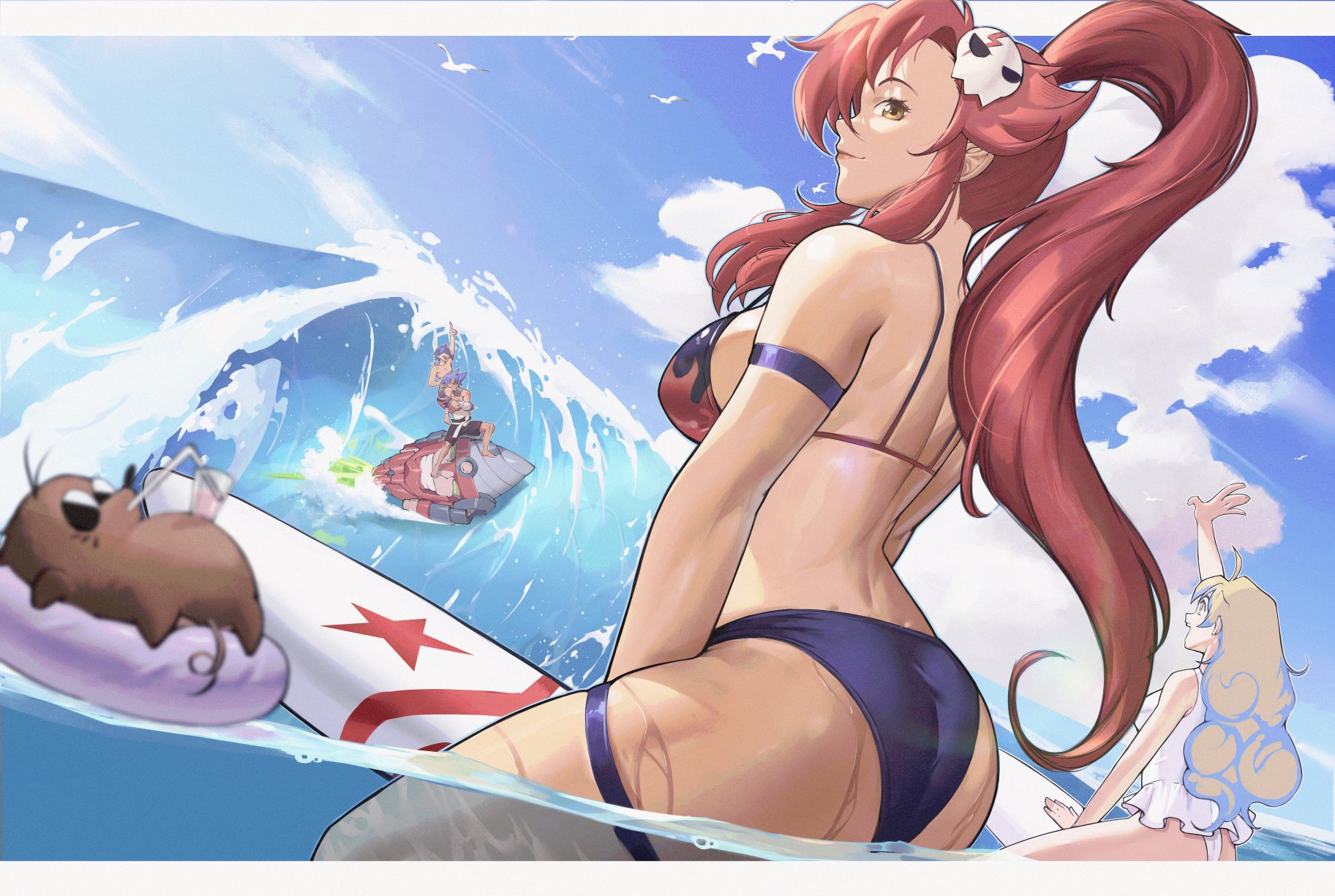 2boys, 2girls, ass, beach, bikini, bikini bottom, blue sky, blurry, blurry foreground, boota (ttgl), breasts, flame print, highres, kamina, large breasts, looking at viewer, multiple boys, multiple girls, nia teppelin, no shorts, one-piece swimsuit, partially underwater shot, ponytail, simon (ttgl), sky, surfboard, surfing, swimsuit, tengen toppa gurren lagann, thighs, yoko littner, zukululuu