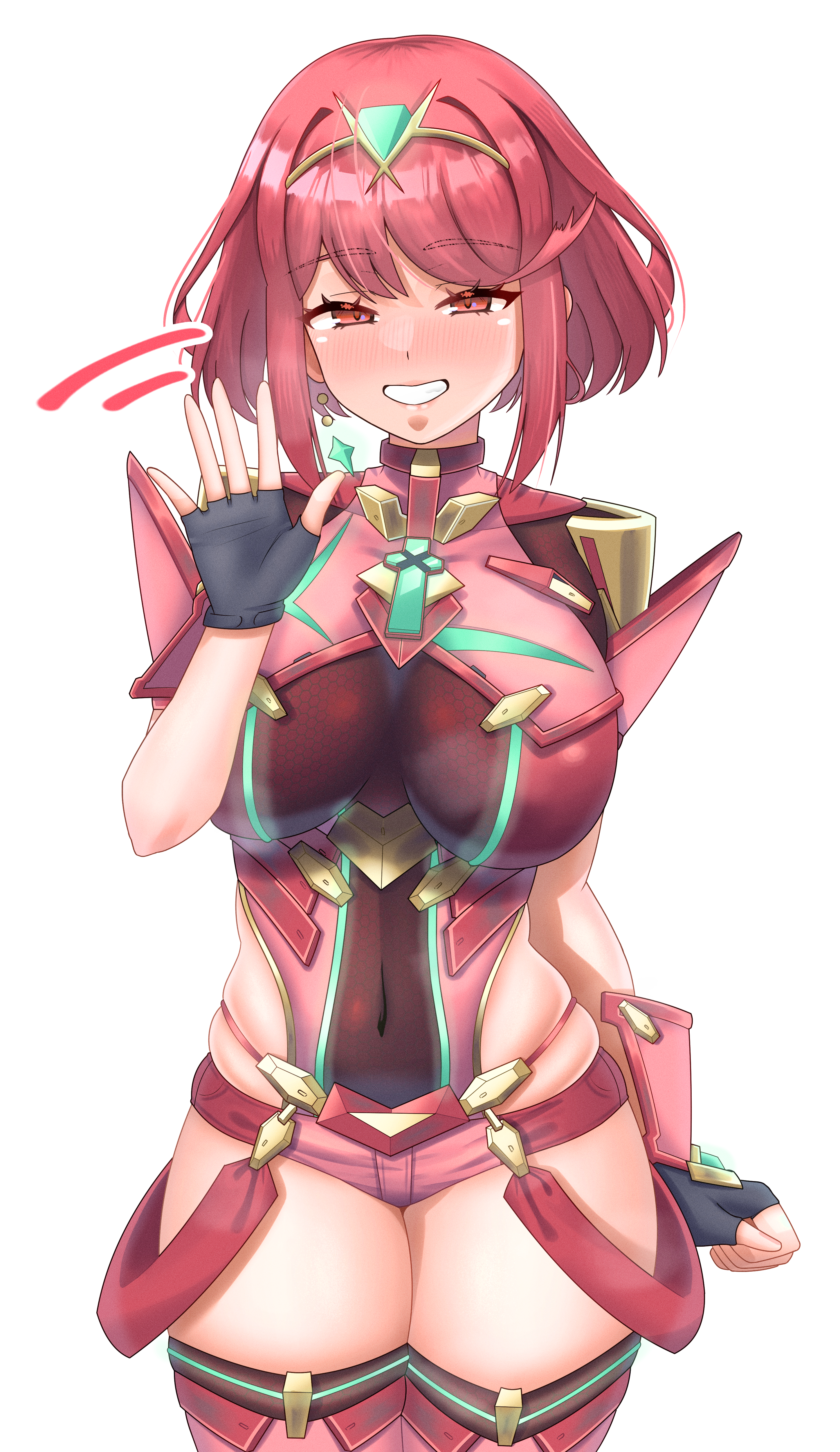absurdres, armor, black gloves, blush, bob cut, breasts, chest jewel, commentary request, core crystal (xenoblade), covered navel, earrings, female, female only, fingerless gloves, floating earrings, full-face blush, gloves, grin, half-closed eyes, highres, impossible clothes, jewelry, large breasts, meipasuye, pyra, pyra (xenoblade), red eyes, red hair, red shorts, red thighhighs, short hair, short sleeves, shorts, shoulder armor, simple background, smile, solo, suspenders, swept bangs, thighhighs, tiara, waving, white background, xenoblade chronicles (series), xenoblade chronicles 2