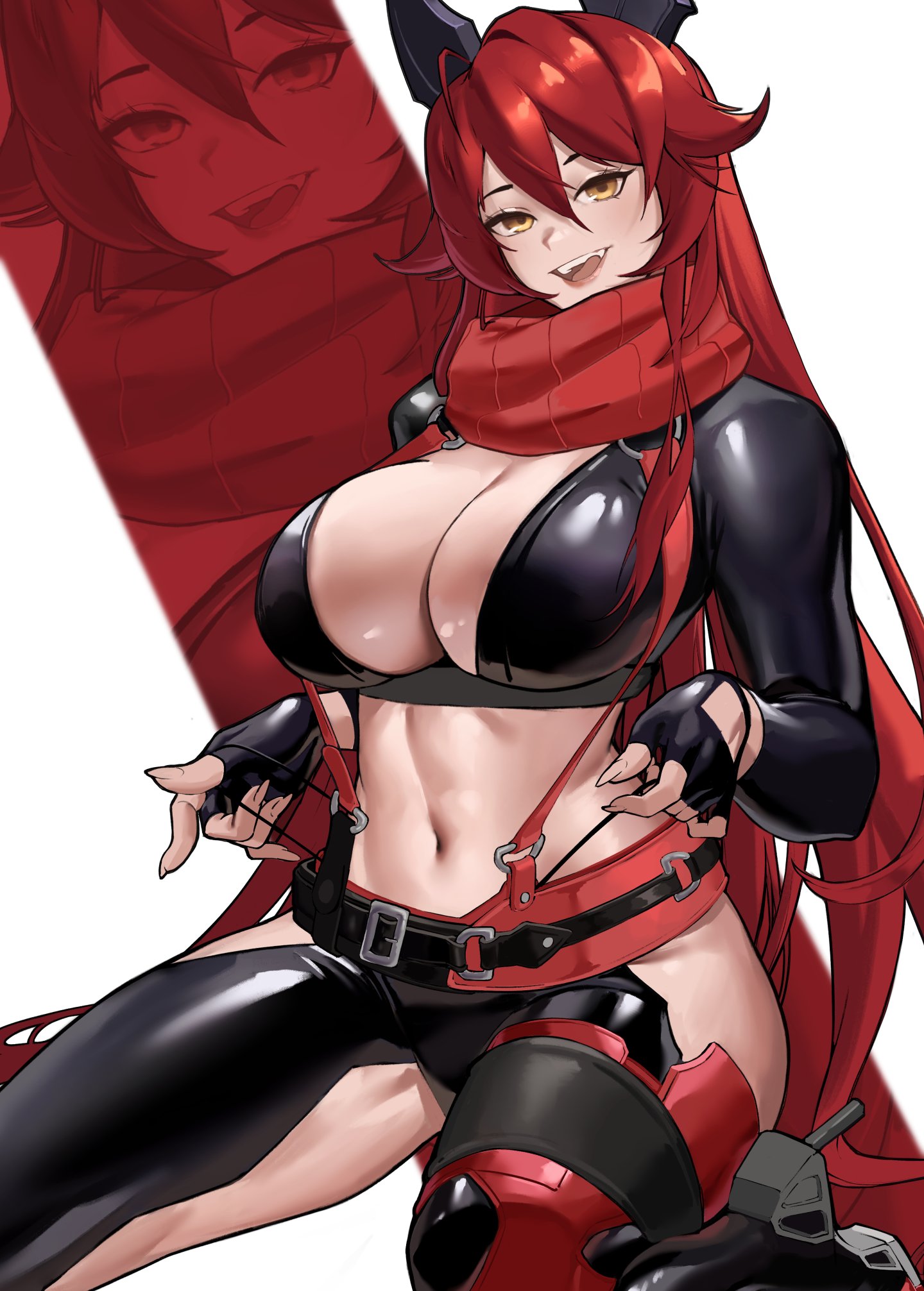 1girls, black gloves, blush, breasts, cleavage, clothing cutout, crotch plate, female, female only, fingerless gloves, gloves, goddess of victory: nikke, hair between eyes, highres, hip vent, horns, large breasts, leather, leather pants, leg cutout, long hair, long sleeves, looking at viewer, mechanical horns, navel, open mouth, pants, red hair, red hood (nikke), red scarf, scarf, smile, solo, unzipped, yellow eyes, zukululuu