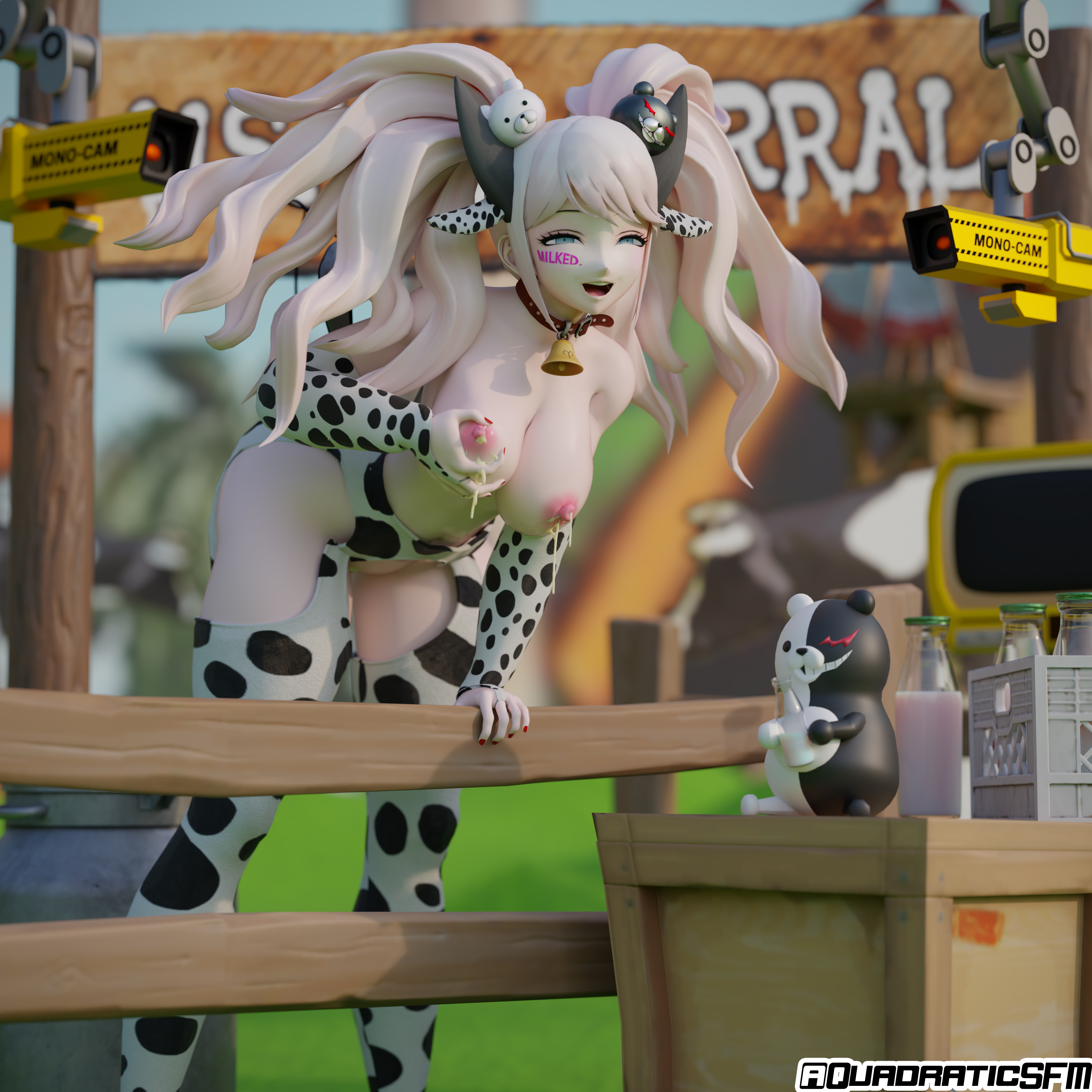 3d, bell collar, big breasts, blonde hair, breast grab, breast squeeze, camera, cow horns, cow print, cowprint, cowprint thighhighs, danganronpa, danganronpa 2: goodbye despair, farm, female, horns, hucow, junko enoshima, lactating, lactation, leaning, leaning on fence, milk, monokuma, quadraticsfm, sleeves, tagme