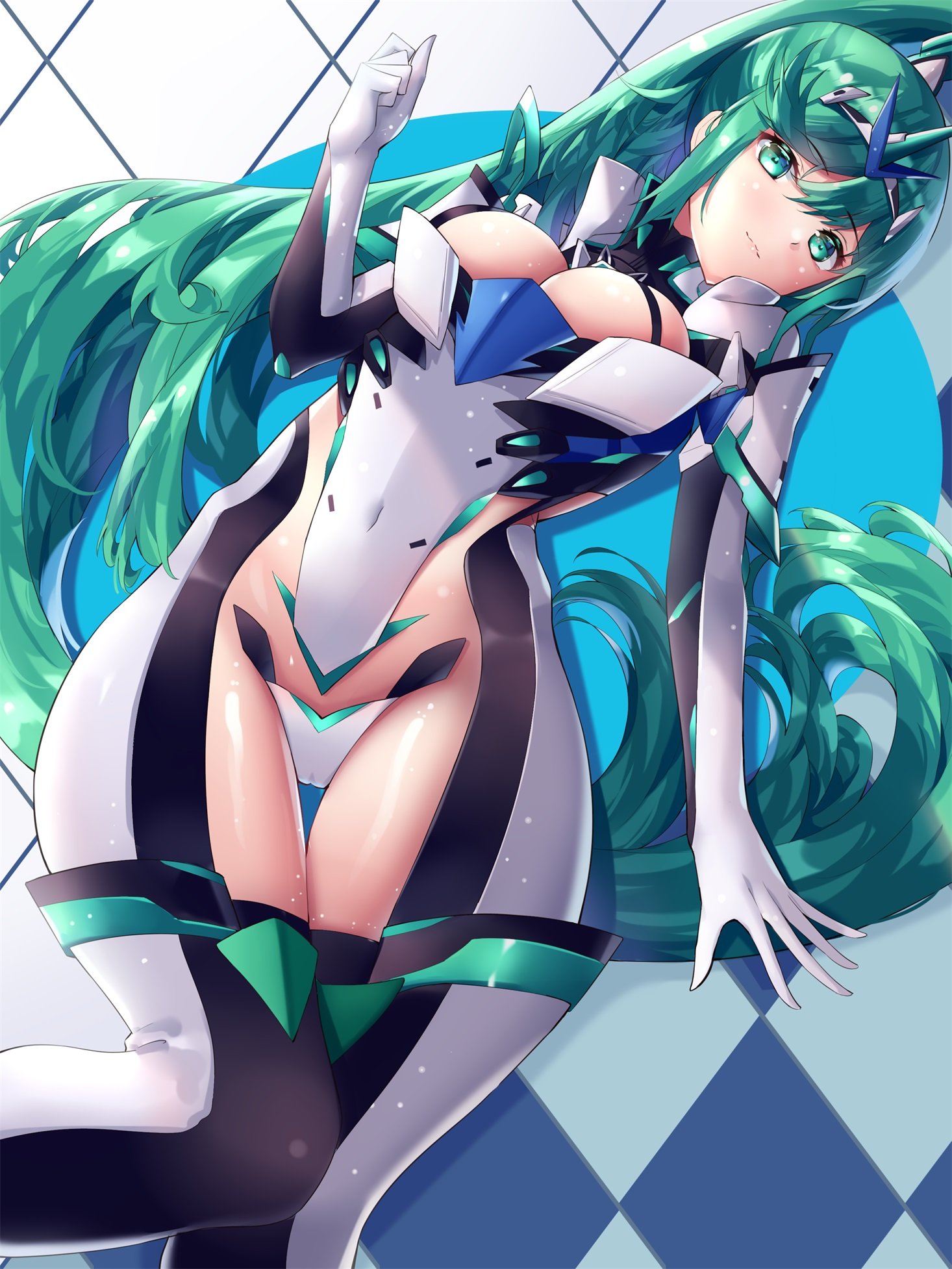 1girls, alternate costume, armor, blush, breasts, cleavage, covered navel, elbow gloves, eol 9, female, female focus, from below, gloves, green eyes, green hair, hair ornament, headpiece, highres, large breasts, latex, long hair, lying, matching hair/eyes, nervous, nintendo, panties, pneuma (xenoblade), shoulder armor, shy, solo, spoilers, thighs, underwear, very long hair, xenoblade (series), xenoblade chronicles 2