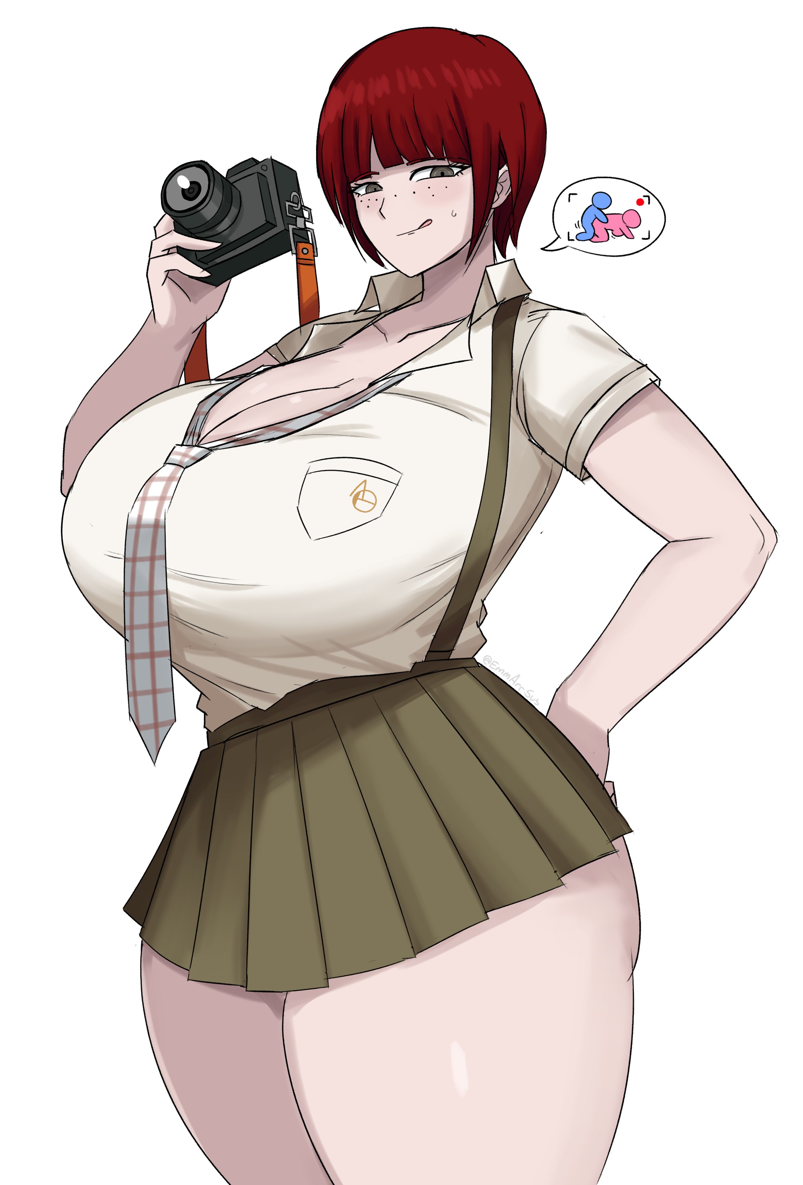alternate breast size, asking for it, asking for sex, camera, cleavage, danganronpa, danganronpa 2: goodbye despair, emmarrgus, female, female only, freckles, holding camera, huge ass, huge breasts, huge thighs, imminent sex, koizumi mahiru, large breasts, licking lips, looking at viewer, necktie, red hair, requesting, seductive look, smirk, suspenders, thick thighs, voluptuous female