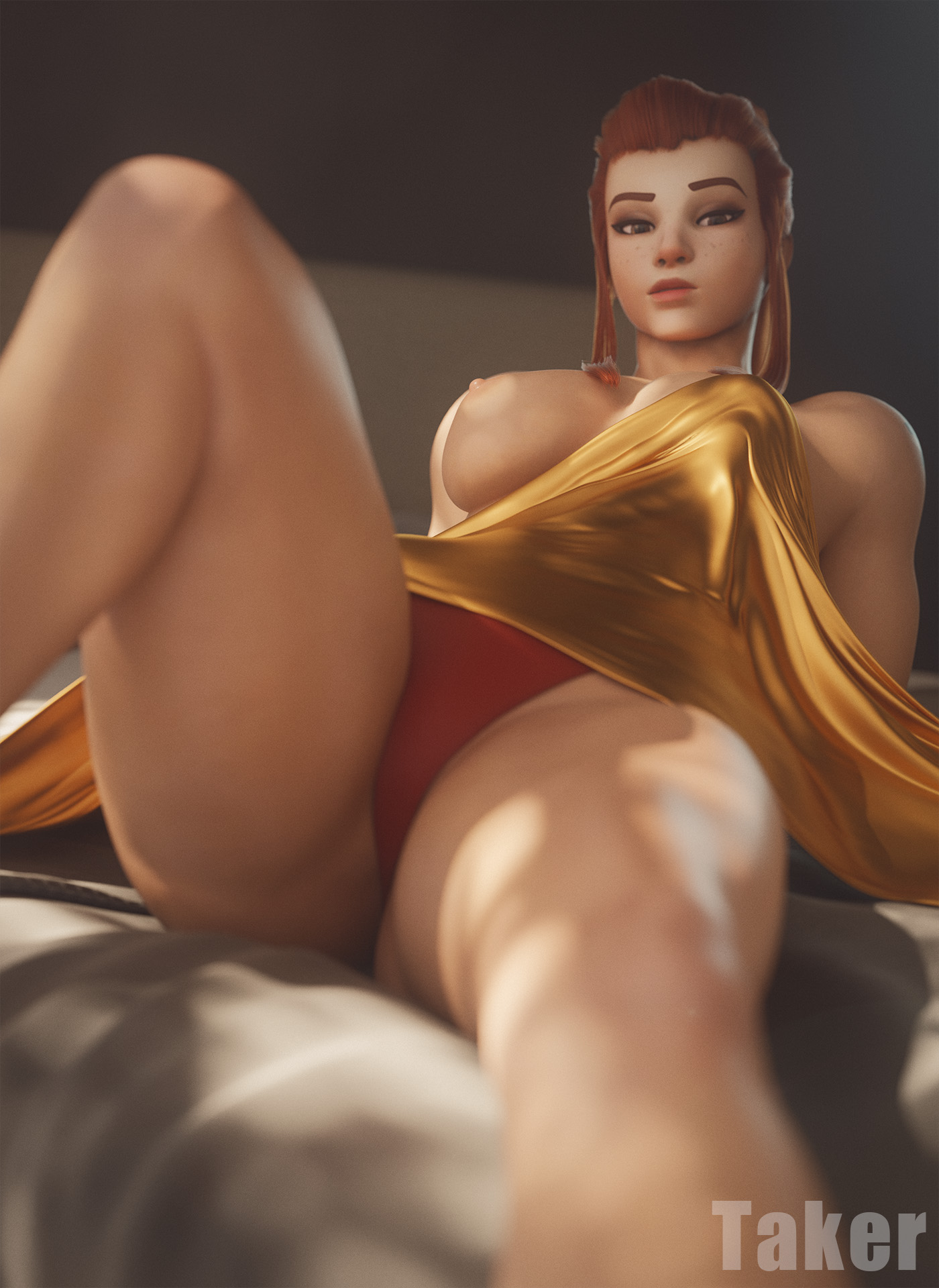 1girls, 2025, 3d, areolae, breasts, brigitte, brigitte lindholm, brown eyes, covered breast, erect nipples, exposed breasts, eyeshadow, female, female only, fit female, freckles, freckles on face, ginger hair, huge breasts, laying down, laying on back, laying on bed, legs apart, light-skinned female, lipstick, long hair, looking at viewer, makeup, nipples, one breast out, overwatch, overwatch 2, panties, panties only, pink nipples, ponytail, red lipstick, red panties, sheets, sidelocks, solo, takerskiy, thick thighs, thighs, tied hair, topless, topless female, under sheets, upskirt