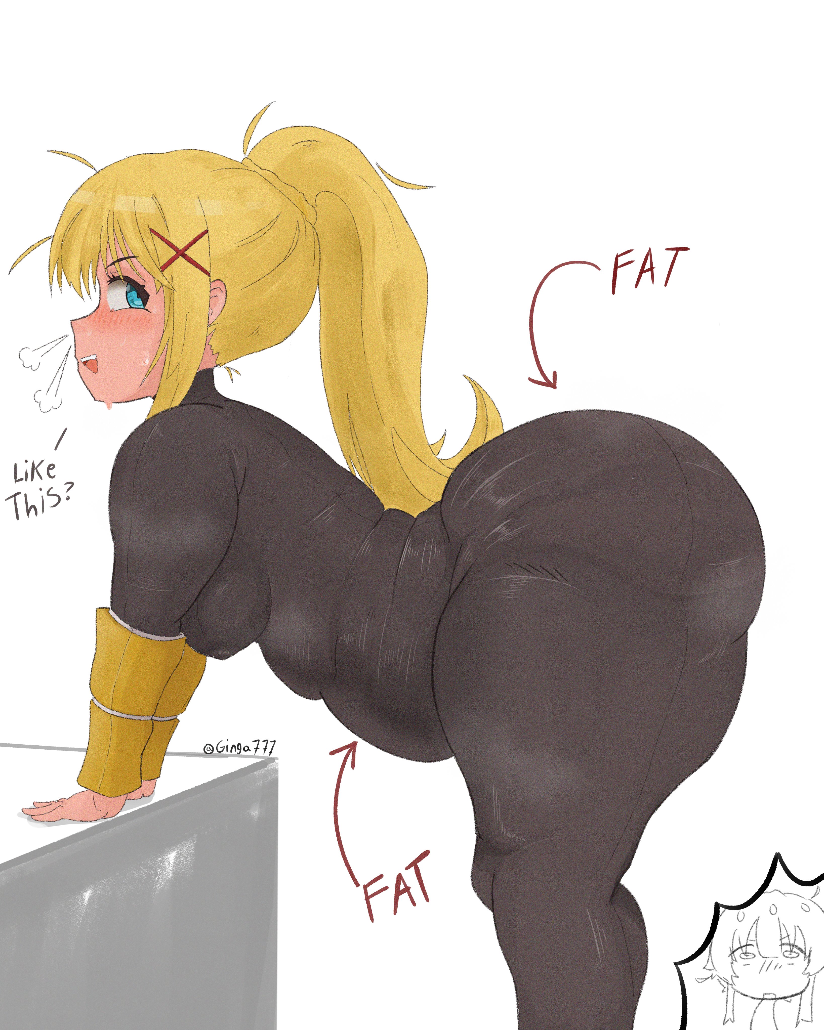 1girls, ass, ass bigger than head, ass focus, ass up, bbw, big ass, big breasts, big butt, big thighs, blonde female, blonde hair, blue eyes, blush, blush lines, booty, booty cheeks, darkness (konosuba), english text, fat, female, female only, giant ass, ginga777, huge ass, kono subarashii sekai ni shukufuku wo!, latex, latex clothing, megumin, obese, obese female, open mouth, overweight, overweight female, small breasts, sweaty, sweaty body, weight gain