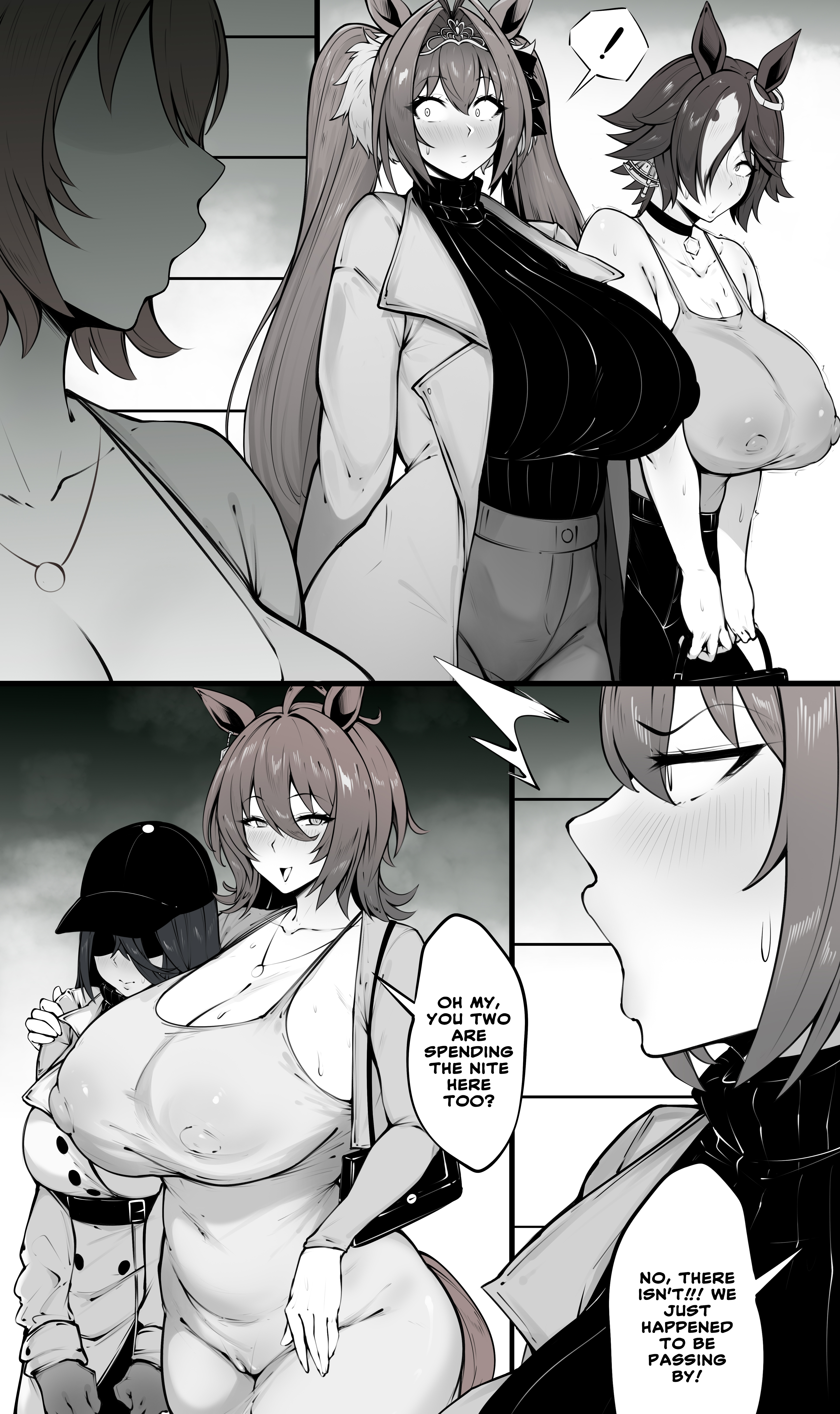 4girls, absurd res, agnes tachyon (umamusume), alternate breast size, breasts, coat, comic, covered nipples, daiwa scarlet (umamusume), dress, highres, horse ears, horse girl, horse tail, huge breasts, implied yuri, ishimura0204, long hair, manhattan cafe (umamusume), medium hair, monochrome, short hair, sweater, umamusume, very long hair, vodka (umamusume)