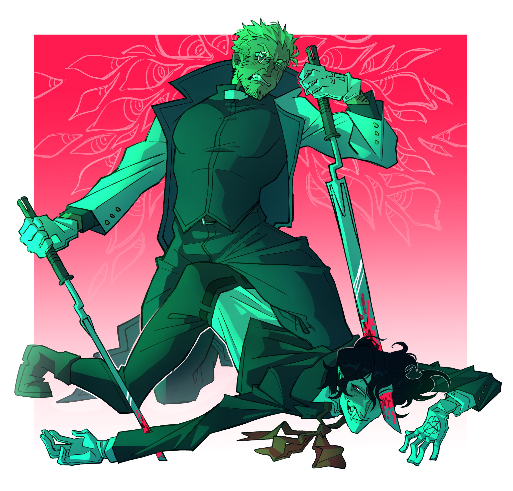 alexander anderson, alucard (hellsing), angry, blades, blond male, blood, fully clothed, gay, hellsing, hellsing ultimate, human art, human artist, male, male only, male/male, masculine, muscular, muscular male, no ai, no visible genitalia, priest, smiling, tumblr source, two males, two men, vampire, very gay, zapfish, zapfish (artist)
