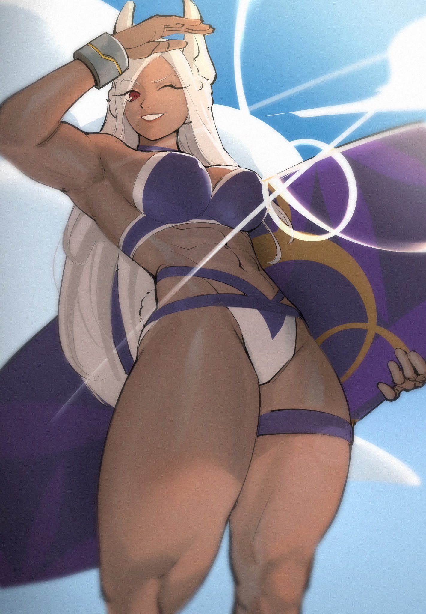 ;d, abs, animal ears, armpits, axillary tail of spence, bikini, blue sky, boku no hero academia, bracelet, breasts, choker, cloud, commentary, dark skin, dark-skinned female, english commentary, female, female only, hand up, highres, holding, holding surfboard, jewelry, large breasts, layered bikini, light rays, long eyelashes, long hair, looking at viewer, mirko, miruko, my hero academia, navel, official alternate costume, one eye closed, open mouth, parted bangs, purple bikini, purple choker, rabbit ears, rabbit girl, rabbit tail, red eyes, rumi usagiyama, sky, smile, solo, stomach, sun, sunlight, surfboard, swimsuit, tail, thick thighs, thigh strap, thighs, toned, toned female, very long hair, white hair, zukululuu