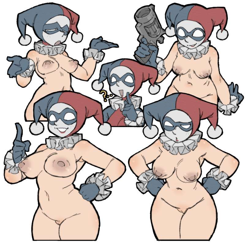 ?, 1girls, amlogamer, areolae, boobs, breasts, casual, dc, dc comics, domino mask, female, firearm, gloves, gun, handgun, handwear, harley quinn, harley quinn (classic), headwear, human, jester, jester hat, nipples, nude, pale skin, pussy, revolver, simple background, smile, smiling, white skin