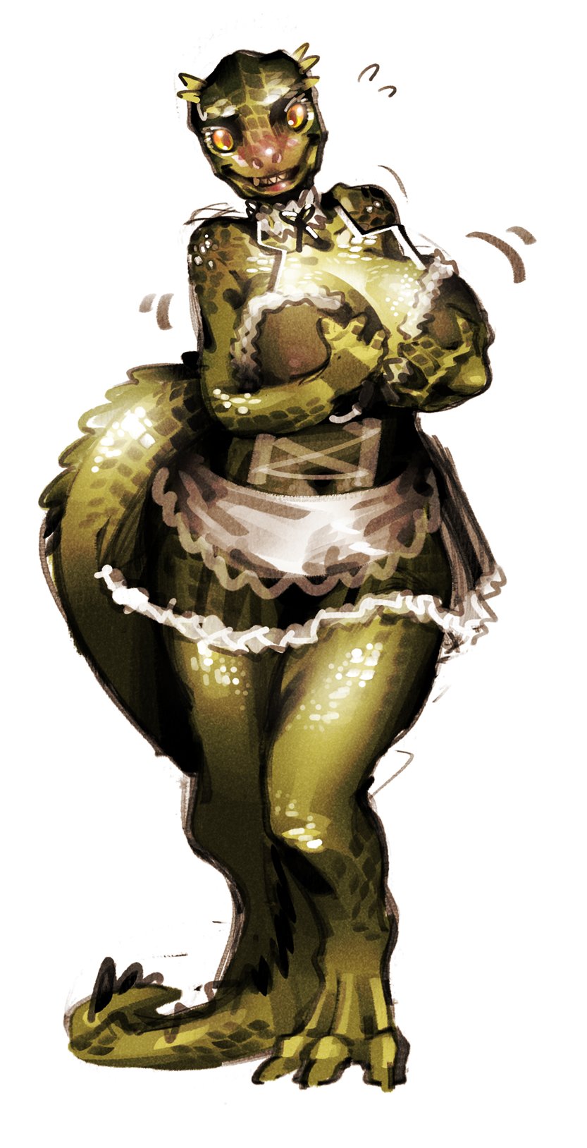 1girls, 2025, 3 toes, 5 fingers, anthro, anthro female, areola, areolae, areolae visible through clothing, argonian, argonian female, bethesda softworks, big breasts, big hips, big thighs, blush, breasts, clothed, clothed female, clothing, female, female anthro, fingers, furry, furry female, green body, green scales, hips, huge breasts, huge thighs, humanoid, large breasts, lizard, lizard girl, lizard humanoid, long tail, looking at viewer, maid, maid uniform, massive breasts, massive thighs, millionsbliss, nipples, nipples visible through clothing, scales, scalie, scalie humanoid, sharp teeth, shy, shy smile, simple background, smile, solo, solo female, tail, the elder scrolls, thick hips, thick legs, thick thighs, thighhighs, thighs, toes, transparent clothing, white background, wide hips, yellow sclera