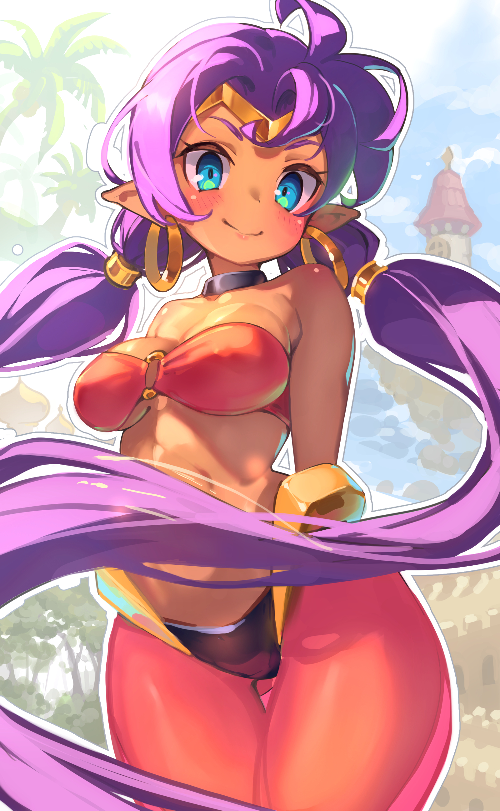 1girls, belly dancer, belly dancer outfit, big breasts, blue eyes, blush, breasts, cleavage, dark skin, dark-skinned female, earrings, eye contact, female, female only, genie, large breasts, life is pi, long ears, long hair, looking at viewer, midriff, navel, pointy ears, ponytail, purple hair, shantae, shantae (character), smile, smiling, smiling at viewer, smooth skin, solo, solo female, tagme, thighs, tiara, twintails, wayforward