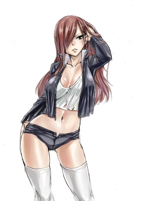 1girls, black shorts, breasts, breasts apart, brown eyes, camisole, casual, commentary request, crop top, crop top overhang, earrings, erza scarlet, fairy tail, female, female only, hair over one eye, hand on own hip, jacket, jewelry, large breasts, long hair, mashima hiro, midriff, navel, no bra, official art, open fly, parted lips, red hair, ruffling hair, short shorts, shorts, simple background, solo, thighhighs, torn clothes, unzipped, white thighhighs