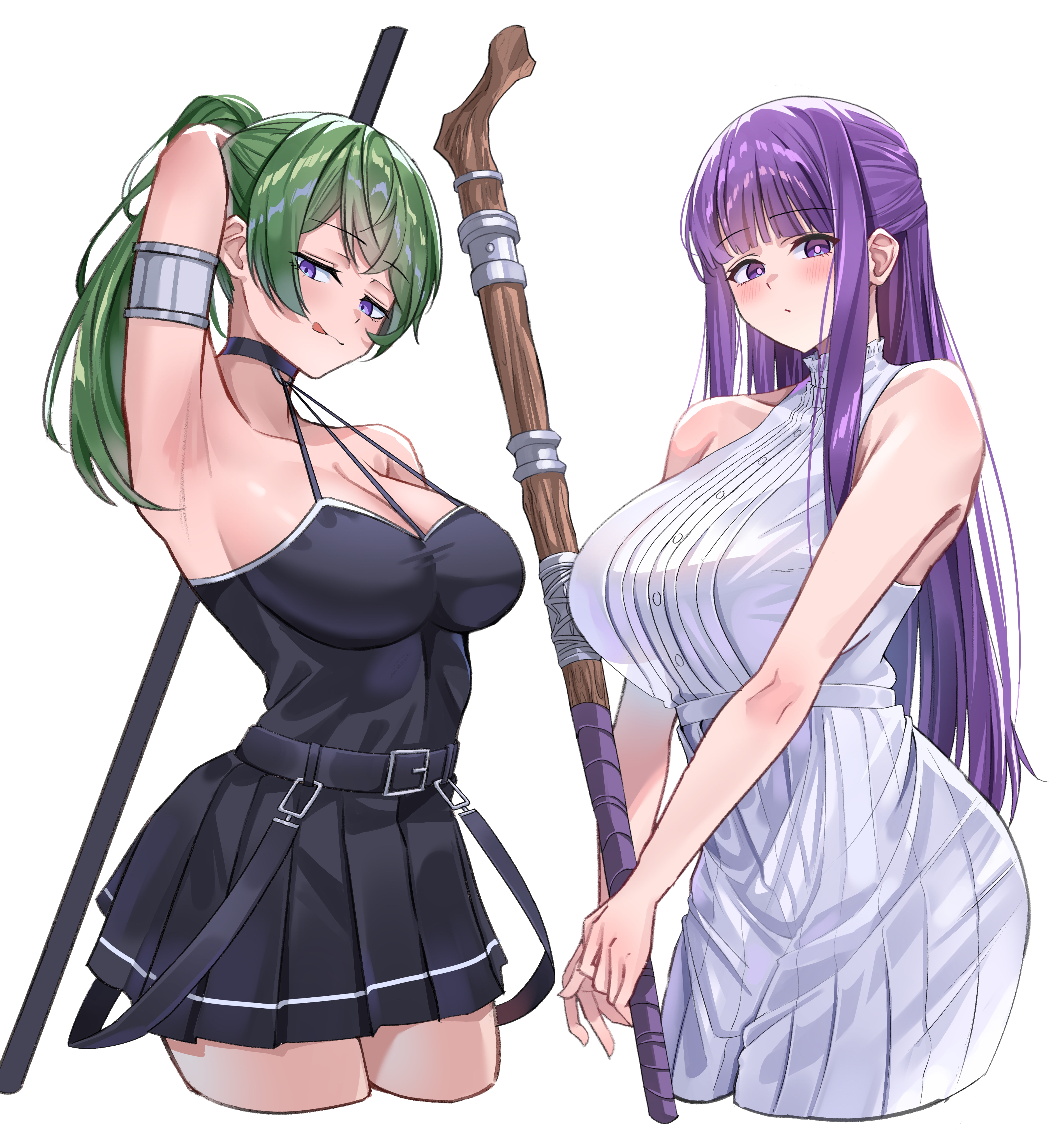 2girls, absurdres, arm behind back, armpits, bare shoulders, black choker, black dress, blunt bangs, blush, breasts, bright pupils, choker, cleavage, commentary, cropped legs, dress, female, female only, fern (sousou no frieren), grey hair, highres, holding, holding staff, large breasts, licking lips, long hair, looking at viewer, mage staff, multiple girls, own hands together, ponytail, presenting armpit, purple eyes, purple hair, sidelocks, simple background, sleeveless, sleeveless dress, sousou no frieren, staff, standing, thighs, tongue, tongue out, ubel (sousou no frieren), uyufuzi s, white background, white dress