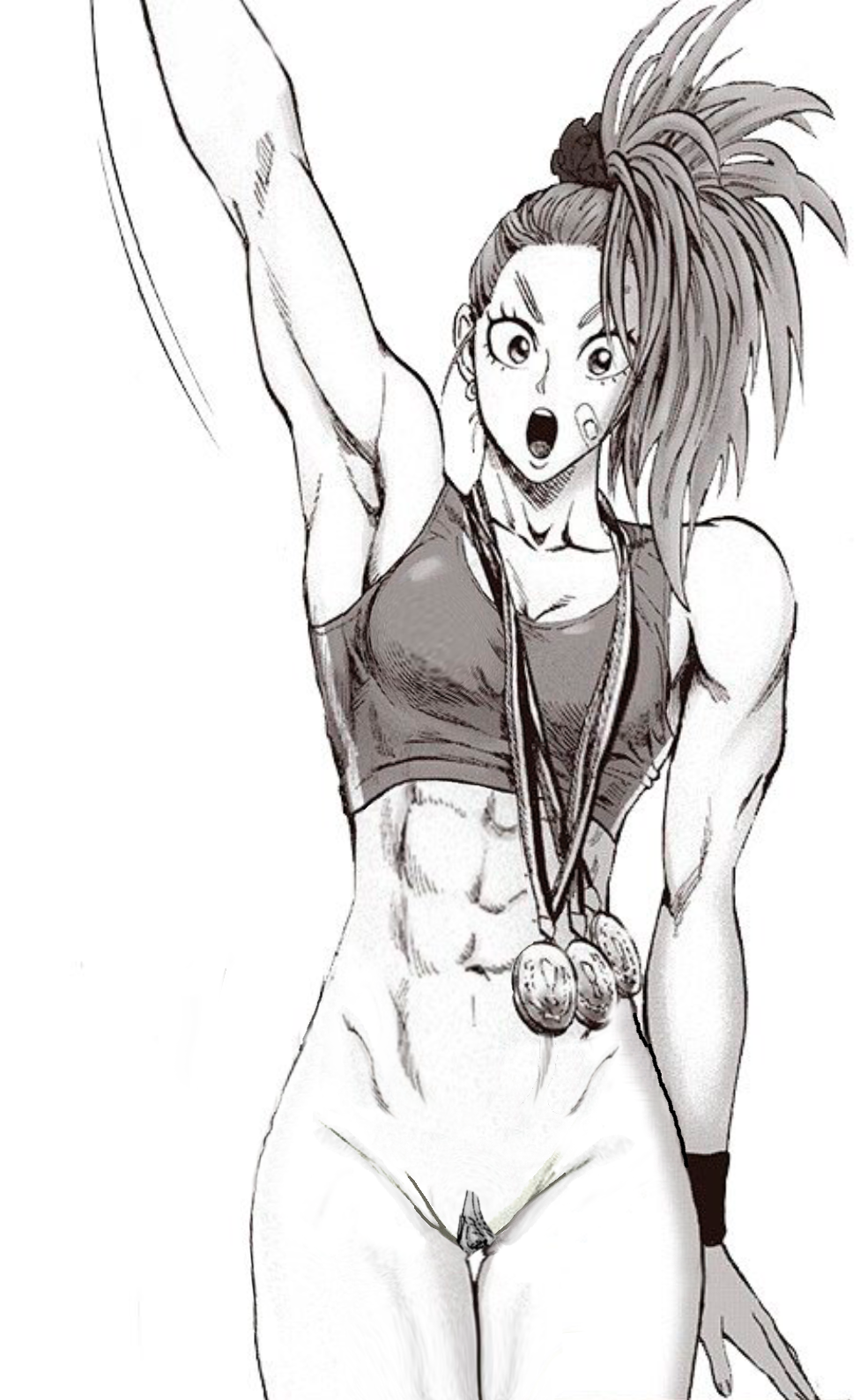 1girls athletic captain_mizuki female long_hair muscle muscular muscular_female no_panties nude_filter one-punch_man ponytail pussy shaved_pussy six_pack solo sports_bra sportswear superheroine surprised thick_thighs training wide_hips