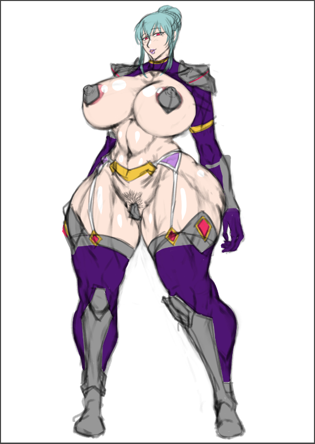 1girls, areola slip, big breasts, blue footwear, blue hair, blue legwear, blue stockings, blush, bracer, breasts, busty, choker, cleavage, curvy, erect nipple, erect nipples, female, female only, footwear, front view, garter, garter straps, hair bun, hourglass figure, human, legwear, looking at viewer, mature, nipple bulge, nipples, original character, pasties, pose, posing, pubes, pubic hair, red eyes, shiny, shiny skin, short hair, shoulder pads, simple background, sketch, solo, spread legs, spreading, standing, stockings, thick thighs, voluptuous, white background, wide hips, zensyuui