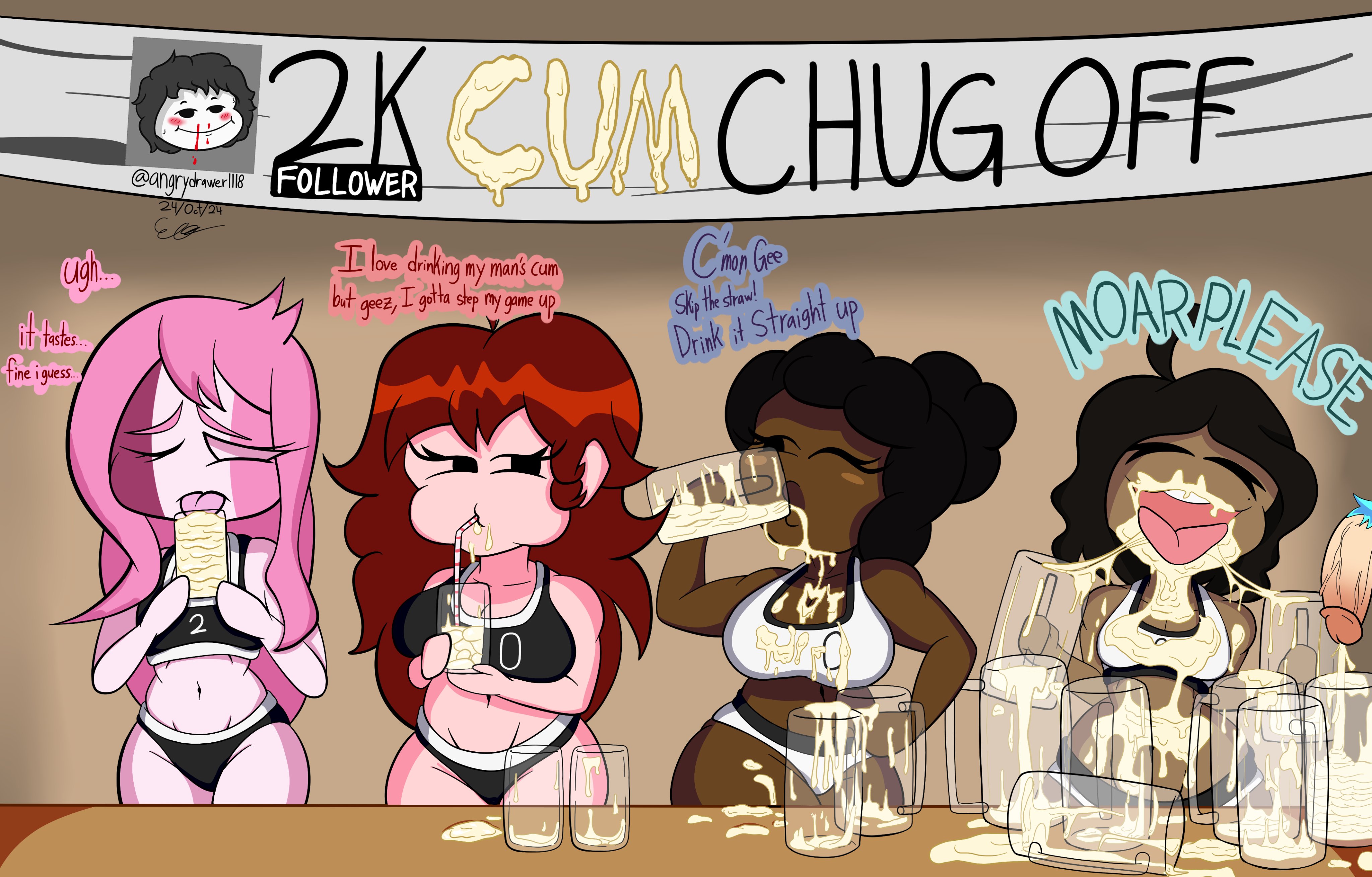 1boy, 1nonbinary, 3girls, afro hair, auburn hair, big breasts, blue pubic hair, boyfriend (friday night funkin), breasts, carol (bbpanzu), cleavage, closed eyes, clothed, clothing, competition, contest, cum drinking, cum drinking contest, cum drip, cum dripping down chin, cum dripping from breasts, cum dripping from mouth, cum in mouth, cum on body, cum on breasts, cum on cup, cum on tongue, cup, cups, curly hair, dark skin, dark-skinned female, drinking cum, friday night funkin, girlfriend (friday night funkin), harem, lipstick, long hair, madbastos, mid fight masses, pale skin, pale-skinned female, penis, pink hair, pubic hair, sarvente (dokki.doodlez), short hair, sketch, straw in mouth, strawb, sunday (bbpanzu), therealangrybob, thighs, too much cum, veiny penis, white eyes