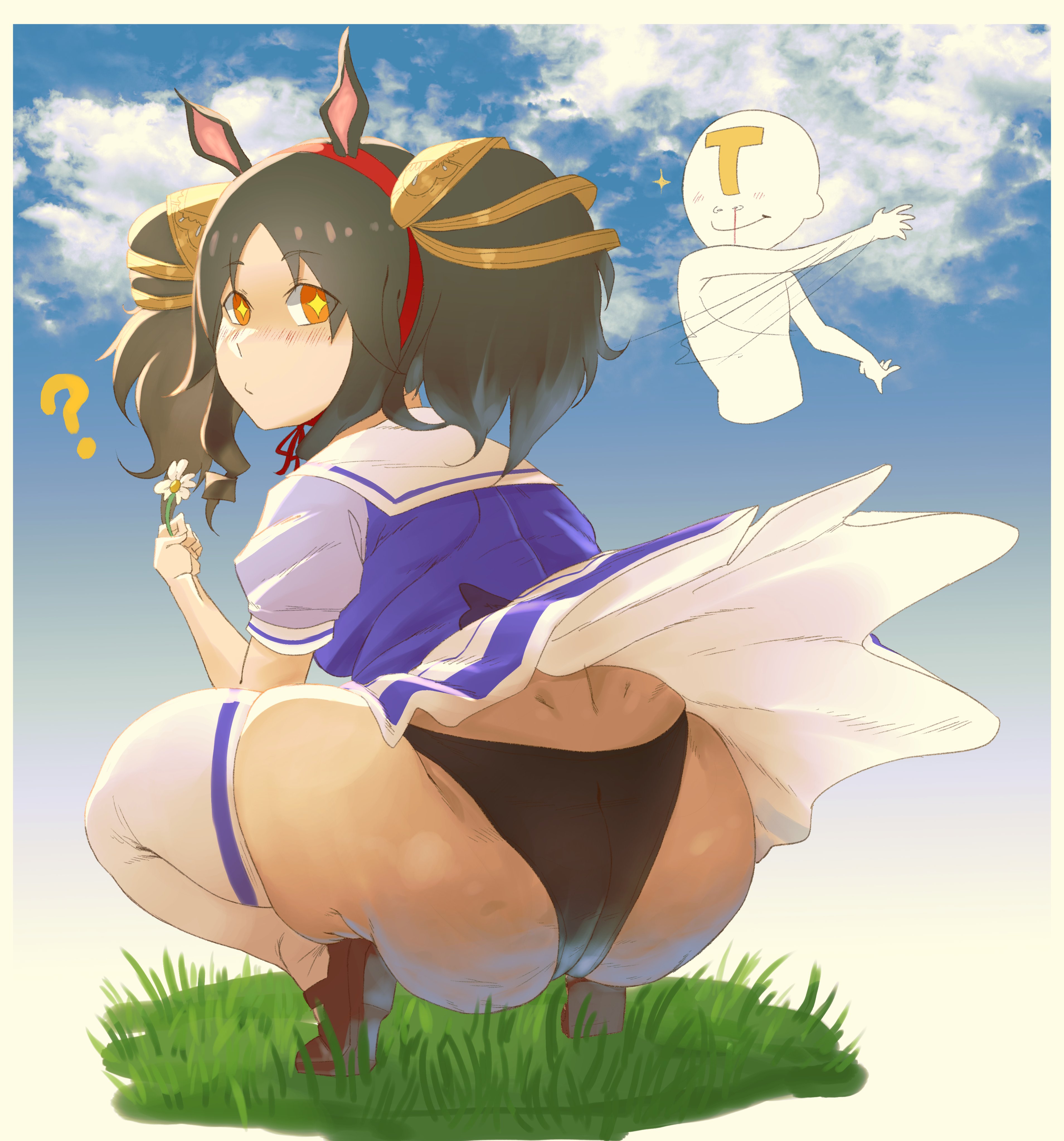 ?, 1girls, ass, ass focus, big ass, cellulite, flower, horse girl, huge ass, kyokeer, marvelous sunday (umamusume), nosebleed, panties, question mark, school uniform, shortstack, skirt, skirt lift, squatting, thick thighs, thighs, trainer (umamusume), twintails, umamusume, umamusume pretty derby