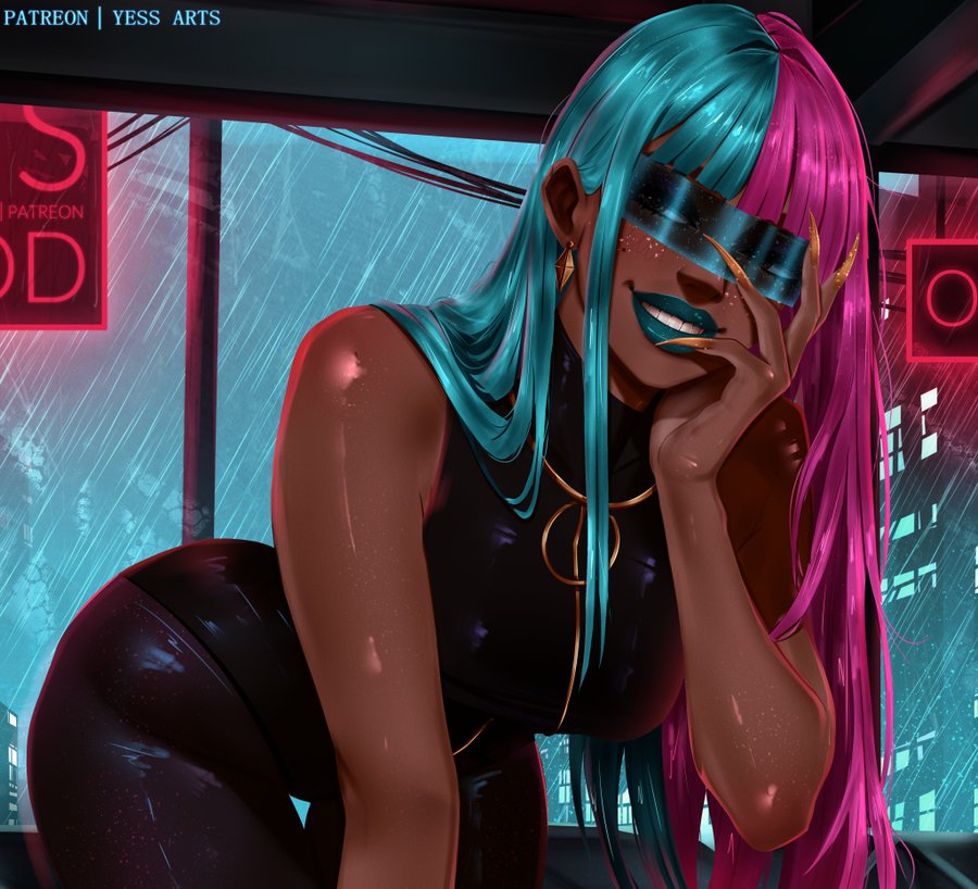 2025, alice (dispatch), bangs, black bodysuit, blue lipstick, bodysuit, city, dark, dark-skinned female, digital media (artwork), dispatch (game), earrings, eyewear, female, gold nails, hand to face, jewelry, latex, leaning forward, lights, lipstick, long fingernails, long hair, makeup, multicolored hair, neon, night, patreon username, pink hair, prism, prism (dispatch), rain, sharp fingernails, shiny, skin, sleeveless, smile, solo, split-color hair, teal hair, teeth, tinted eyewear, two-tone hair, visor, wet, window, yessarts