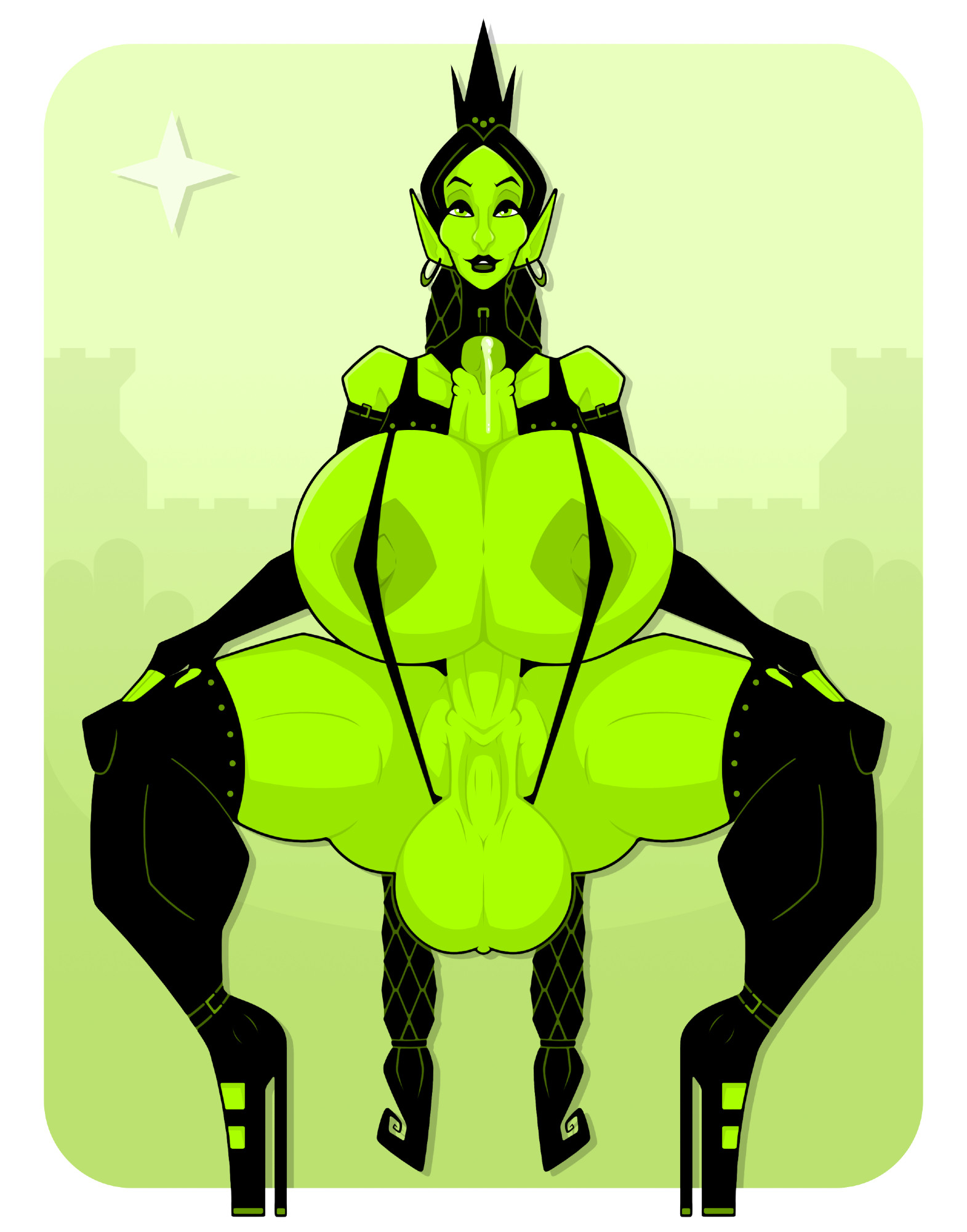 2d, 2d (artwork), autopaizuri, big balls, big breasts, big penis, black clothing, black hair, black makeup, breasts, collar, crouching, crown, cum, cum on penis, debella, earrings, erection, futa only, futanari, goblin, goblin futa, green eyes, green skin, hands on thighs, high heel boots, high heels, huge breasts, leaking cum, leaking precum, long gloves, long penis, makeup, monokini, nipples covered, penis, penis between breasts, penis between own breasts, pointy ears, saggy balls, thick thighs, twin braids