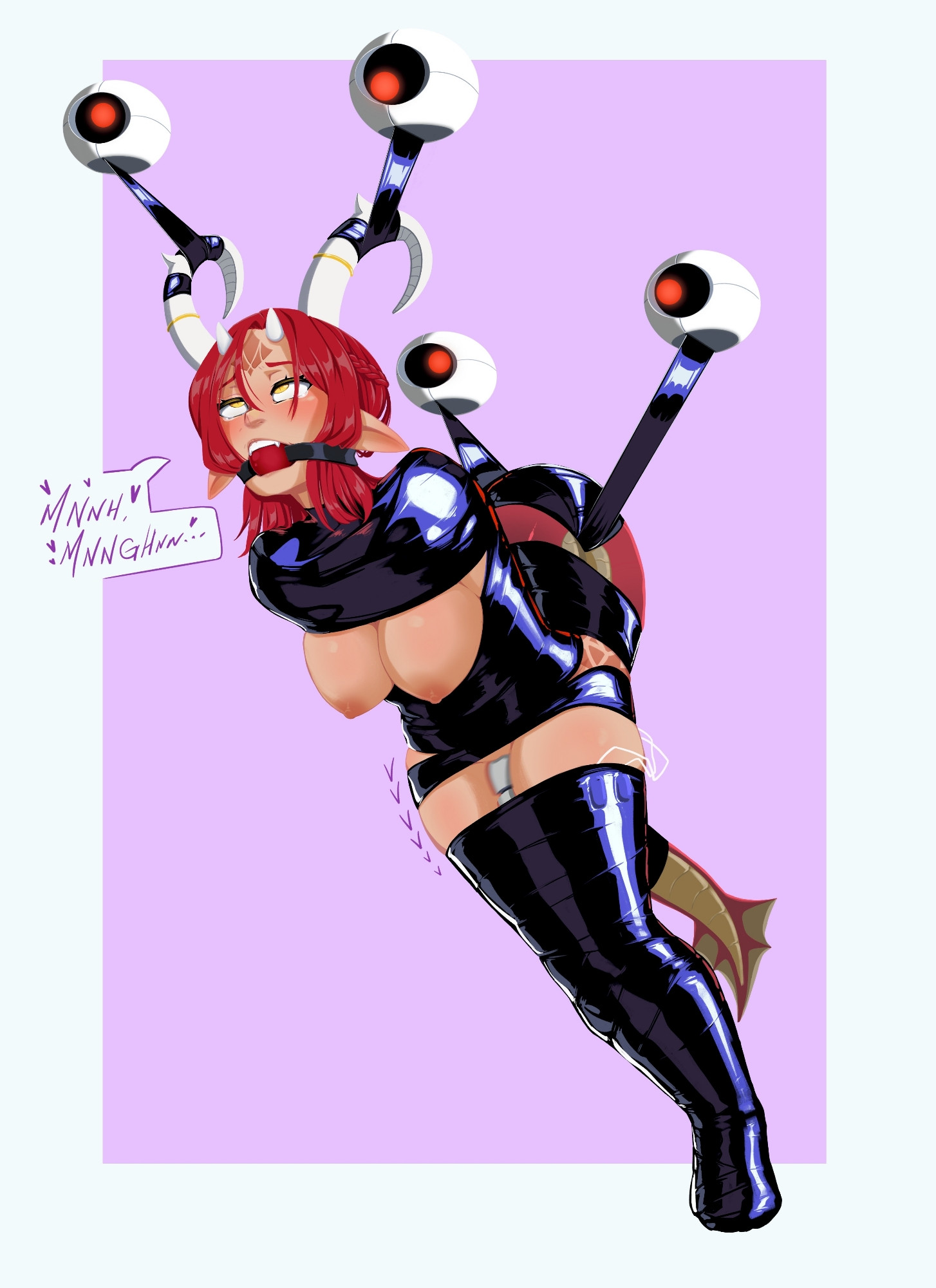 1girls, arms behind back, arms tied behind back, ball gag, bondage, bound, bound arms, bound legs, breast bondage, breasts out, dragon girl, female, femsub, gag, gagged, hitachi magic wand, horns, legs tied, naked female, navara (truedoublej69), pointed ears, rocatart, sex toy, suspension bondage, tan-skinned female, tape, tape bondage, vibrator, vibrator in pussy, wand vibrator
