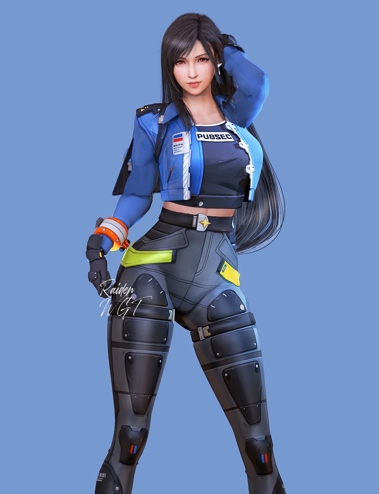 1girls, 3d, artist name, black hair, blender (medium), blue jacket, breasts, cosplay, female, female only, final fantasy, final fantasy vii, final fantasy vii remake, fully clothed, highres, jacket, large breasts, long hair, midriff peek, pants, police, police uniform, raidenwgt, red eyes, thighs, tifa lockhart, tight clothes, tight clothing, tight pants, uniform, wide hips, zenless zone zero, zhu yuan (cosplay)