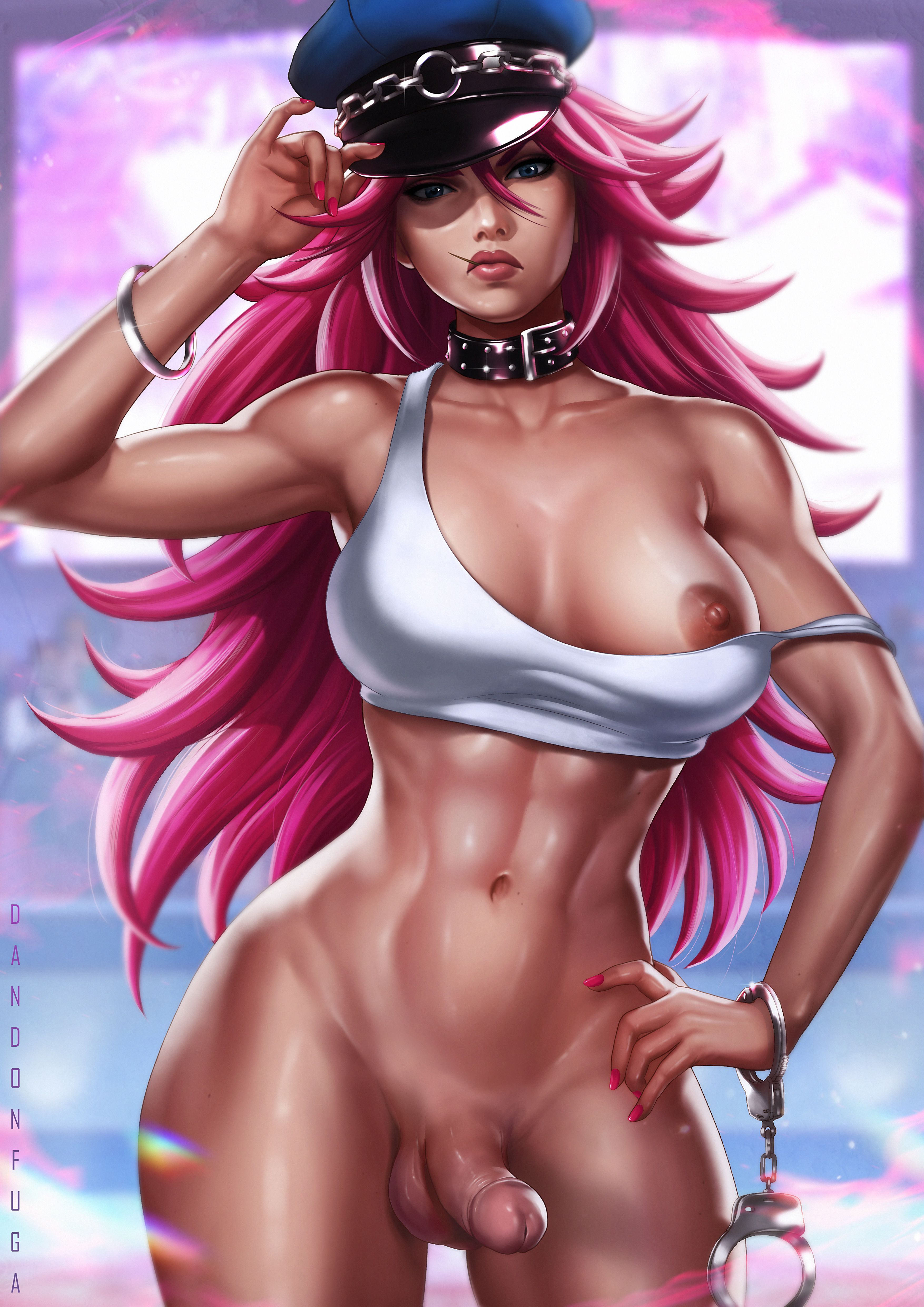 1futa, abs, areolae, balls, bangle, bottomless, bracelet, breasts, capcom, chains, curvy, daisy dukes, dandon fuga, dark skin, dark-skinned futa, dickgirl, erect nipples, erect penis, erection, exposed breasts, exposed nipple, final fight, futa only, futanari, handcuffs, hat, intersex, large breasts, muscular, muscular futa, neck collar, nipples, no pants, oiled, peaked cap, penis, pink hair, poison (final fight), realistic, short pants, solo futa, street fighter, studded collar, tank top, tanned, thick thighs, wide hips