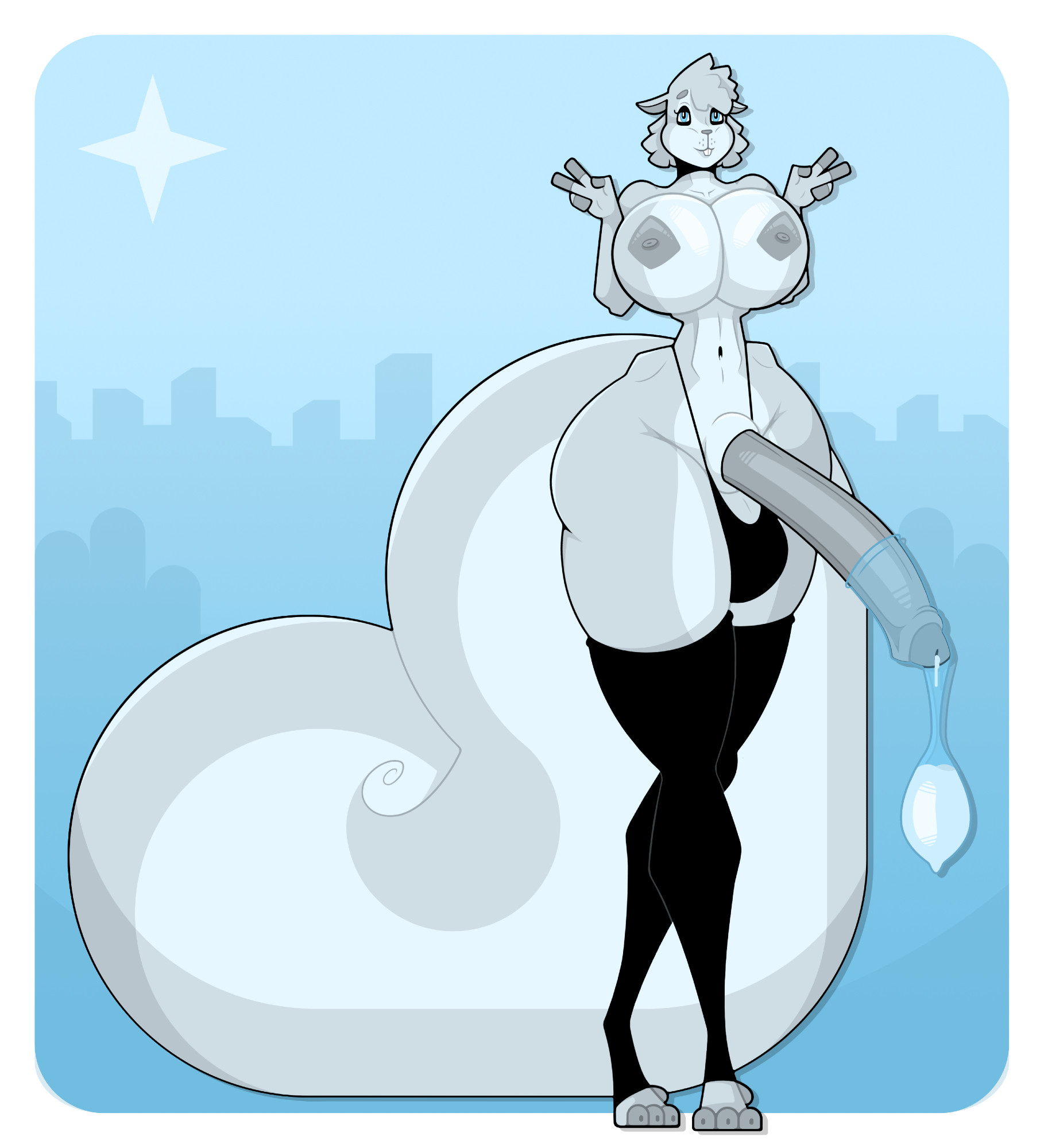 2d, 2d (artwork), anthro, anthro futa, anthro only, balls in panties, barefoot, big balls, big breasts, big penis, black clothing, blue eyes, breasts, bunny teeth, condom, condom filling, cum, cum in condom, debella, filled condom, futa only, futanari, grey fur, huge breasts, leaking cum, long penis, looking at viewer, sheath, sketch, squirrel, squirrel girl, squirrel humanoid, squirrel tail, stockings, thick thighs, thighhighs, thin waist, v sign, wide hips