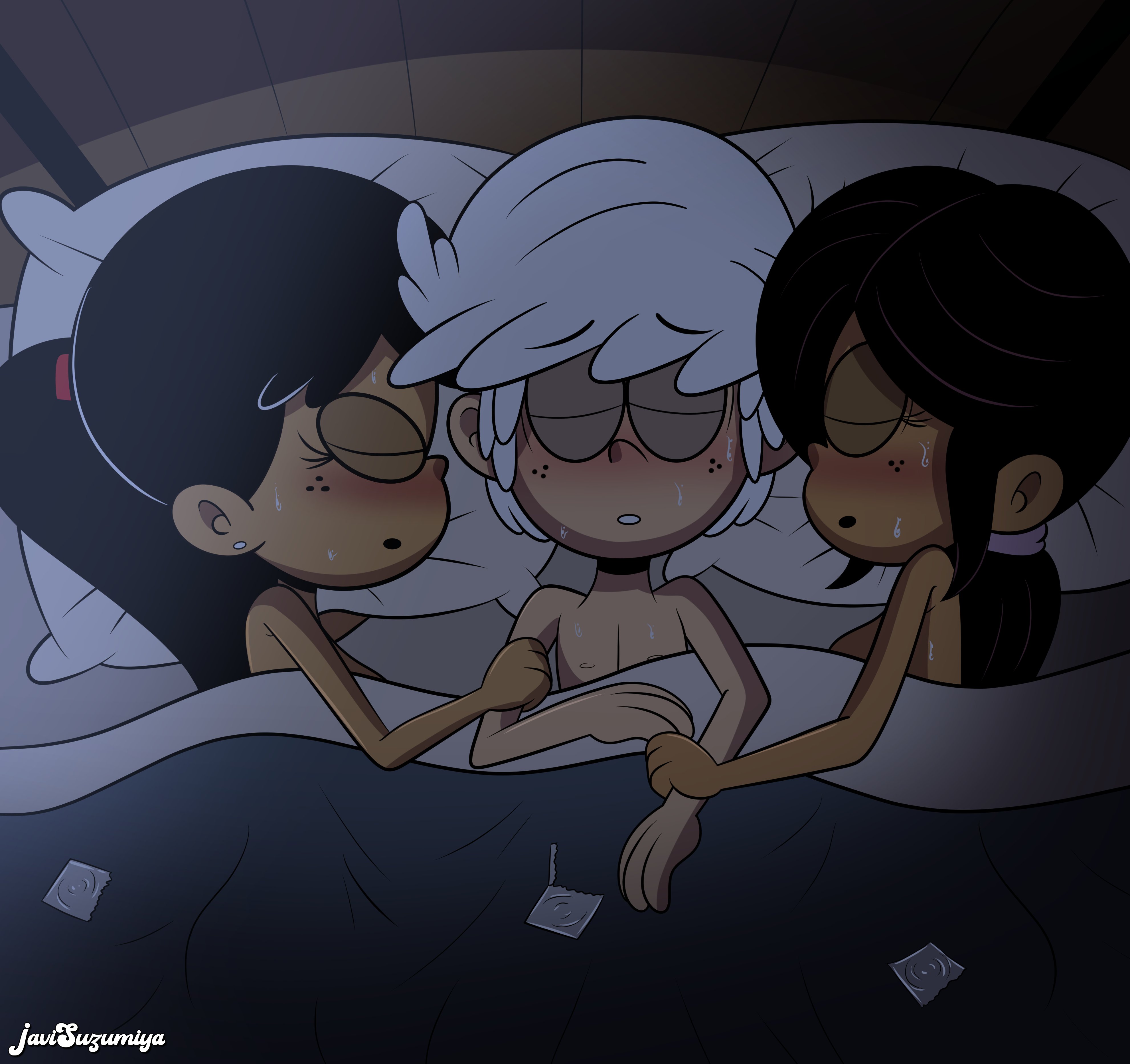 1boy, 2girls, after sex, after sex sleeping, after threesome, asian, asian female, bedroom, big breasts, black hair, black hair female, black haired female, blanket, blanket covering, blanket over body, blue blanket, body covered, condom, condom wrapper, condoms on bed, covered nipples, covering body, female, ffm threesome, filipina, filipino female, holding arm, holding arms, hot female, hot girl, hot woman, hot women, implied sex, implied threesome, javisuzumiya, latina, latina female, latina skin, latina tomboy, light skin, light skinned, light skinned male, lincoln loud, male, mexican, mexican female, mff threesome, multiple girls, naked, naked female, naked female with naked male, naked females, naked male, nickelodeon, night, night time, nighttime, nude, nude female, nude female nude male, nude females, nude male, older female, older male, on bed, on mattress, on pillow, pillow, pillows, ronnie anne santiago, room, sexy body, sexy girl, sexy girls, shadows, sleeping, sleeping female, sleeping male, sleeping naked, sleeping on bed, sleeping together, sleeping woman, stella zhau, sweat, sweatdrop, sweating, sweaty, sweaty body, sweaty head, the loud house, used condom, used condoms, white hair, white hair male