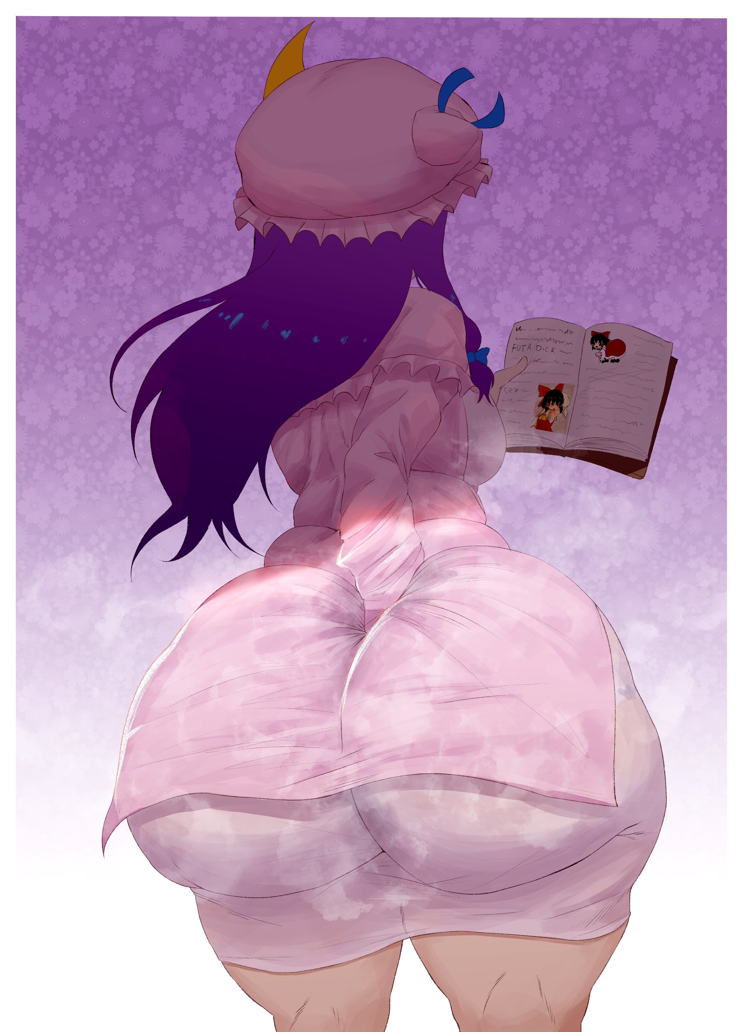 1girls, ass, big ass, butt digging, digging up in they ass, dress inside ass, huge ass, hyper, hyper ass, kyokeer, patchouli knowledge, solo, steam, steaming body, thick thighs, touhou