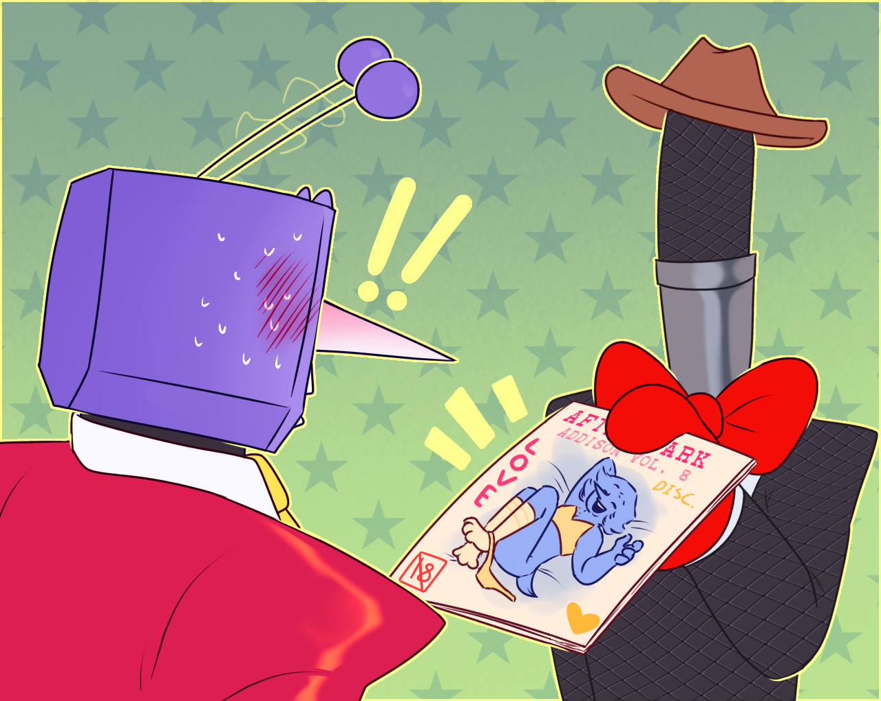 addison (deltarune), ambiguous gender, blush, cl0ckability, deltarune, digital media (artwork), handing over, jongler (deltarune), panties around one leg, porn magazine, pornography, shocked, sweating, tenna (deltarune), tv head