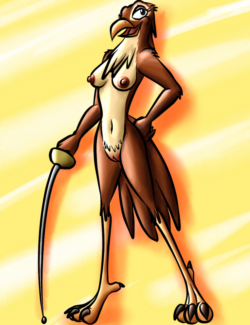 2015 animalympics anthro avian bassy_wolfeh bassywolfeh bird breasts contessa_(animalympics) eyeshadow falcon falconid female makeup melee_weapon nipples open_mouth pussy solo sword tongue weapon