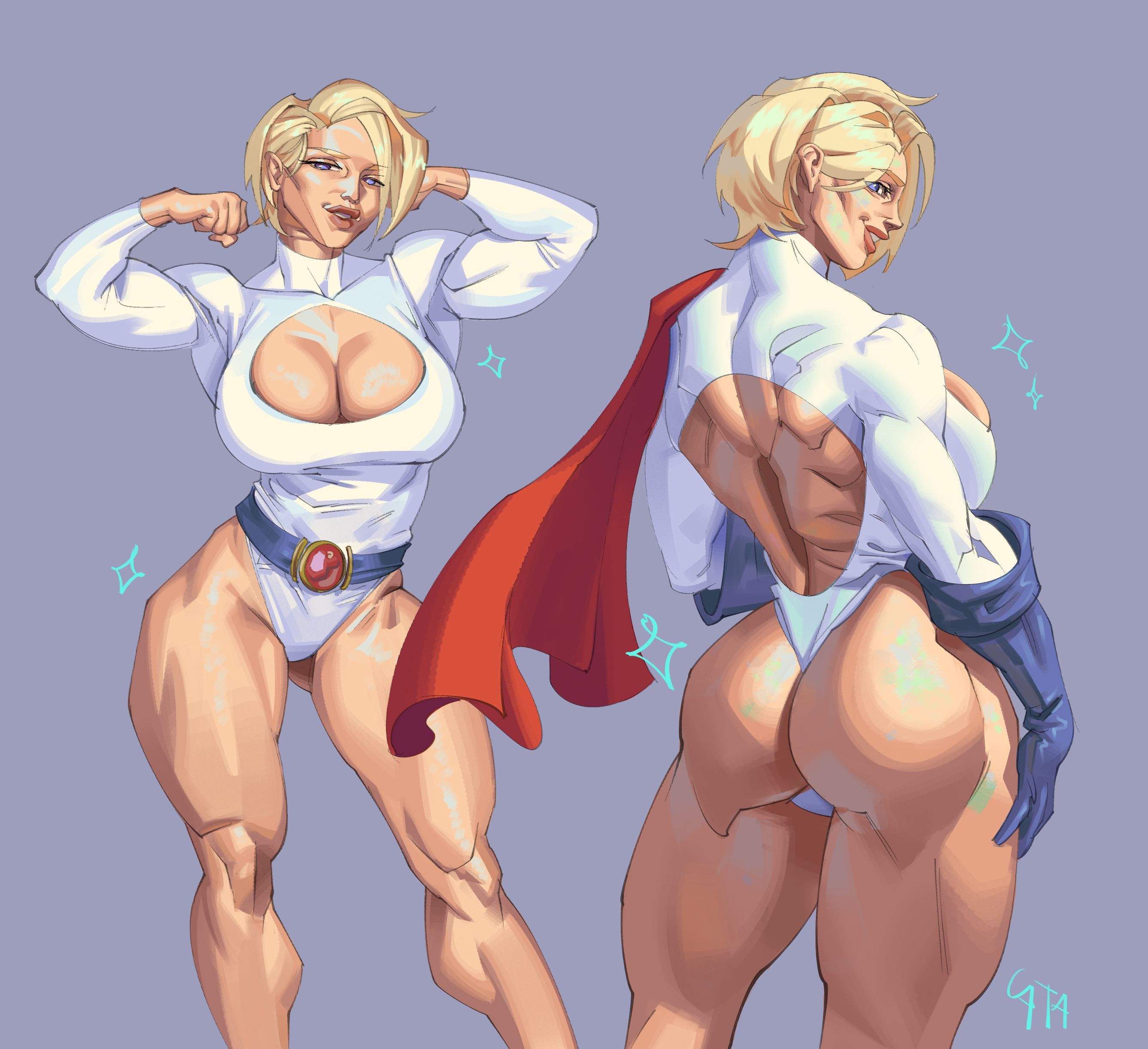 back cutout, blonde hair, cape, catastropart, cleavage cutout, dc, dc comics, flexing, huge ass, large breasts, lips, muscular female, power girl, short hair, smile, superhero costume, superheroine, superman (series), thick thighs, thong leotard