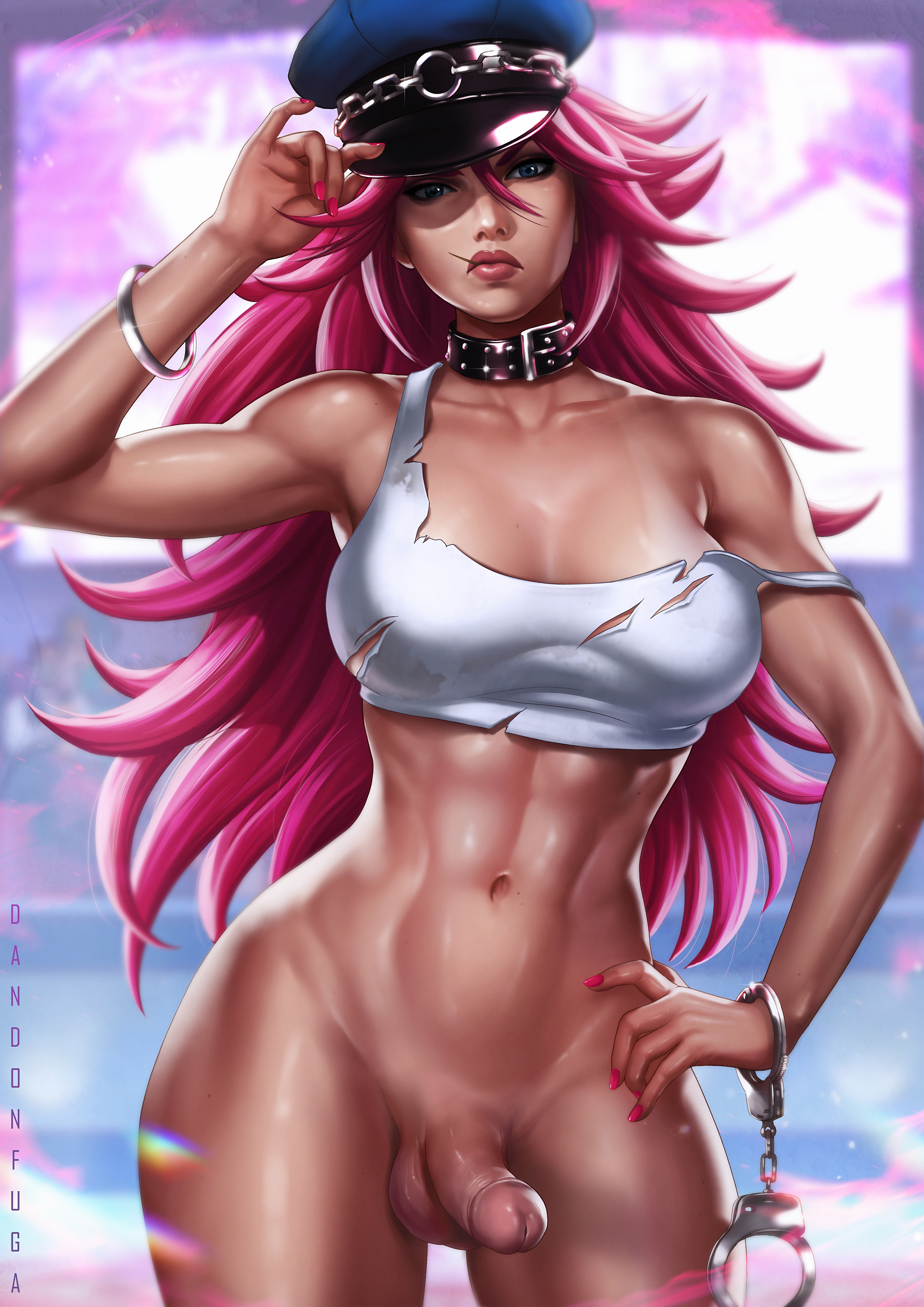 1futa, abs, balls, bangle, bottomless, bracelet, breasts, capcom, chains, curvy, daisy dukes, dandon fuga, dark skin, dark-skinned futa, dickgirl, erect penis, erection, exposed breasts, exposed nipple, final fight, futa only, futanari, handcuffs, hat, intersex, large breasts, muscular, muscular futa, neck collar, no pants, oiled, peaked cap, penis, pink hair, poison (final fight), realistic, short pants, solo futa, street fighter, studded collar, tank top, tanned, thick thighs, wide hips
