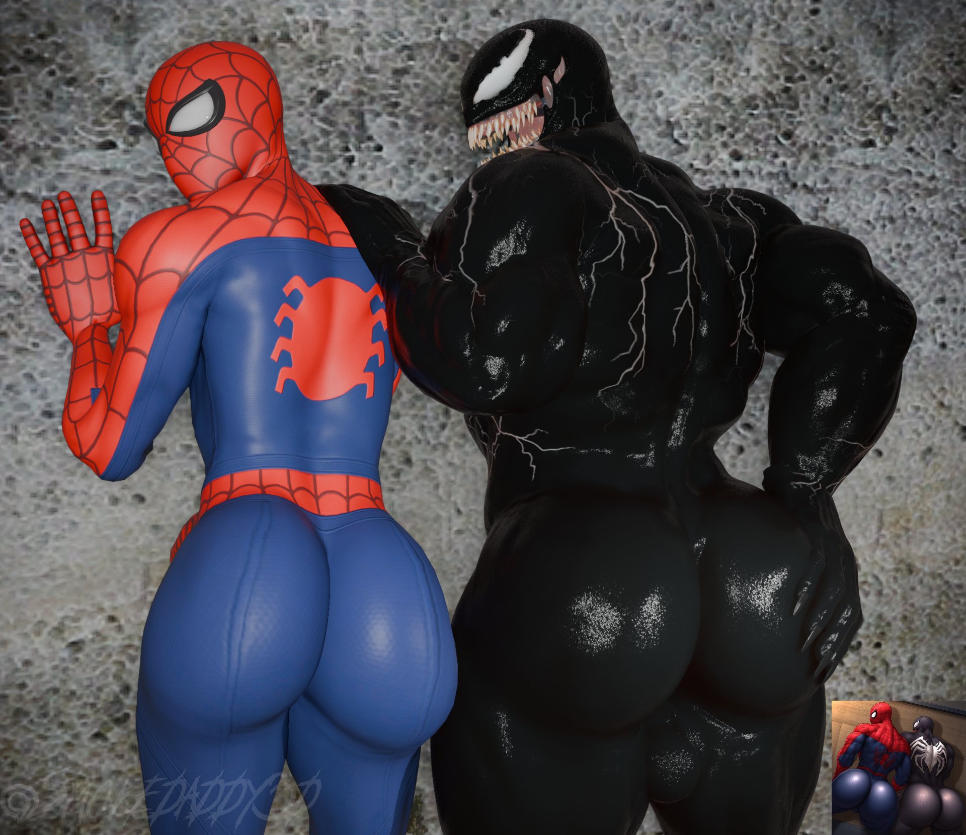 2boys, alien, ass, bara, big ass, big butt, bubble ass, bubble butt, clothed male nude male, dat ass, dat butt, fat ass, fat butt, gay, huge ass, huge butt, human, large ass, large butt, looking at viewer, looking back, looking over shoulder, male, male human/male alien, male only, marvel, marvel comics, mask, masked, masked male, muscular, muscular male, round ass, round butt, showing ass, smokedaddy, spider-man, spider-man (series), take your pick, thick ass, thick butt, venom (marvel)