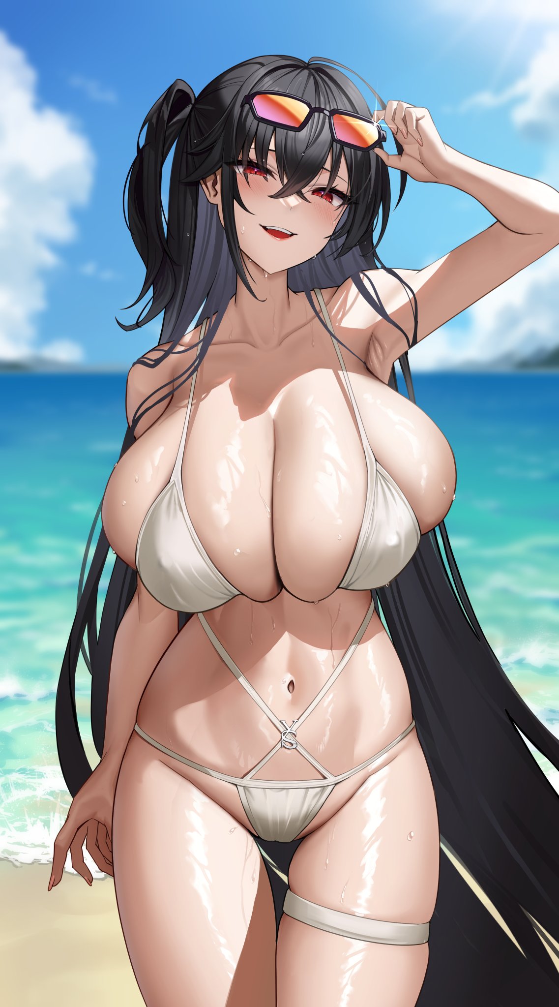 1girls, arm up, azur lane, beach, bikini, black hair, blue sky, blurry, blurry background, blush, breasts, colorized, female, female only, fingernails, half-closed eyes, highres, huge breasts, kirome (kamipaper), large breasts, light skin, light-skinned female, long fingernails, long hair, looking at viewer, looking down, multicolored hair, ocean, open mouth, outdoors, red eyes, sakura empire (azur lane), shaved armpits, side ponytail, sky, standing, streaked hair, sunglasses, sunglasses on head, swimsuit, taihou (azur lane), taihou (seaside daydreams) (azur lane), teeth, thighs, very long hair, wet, white bikini